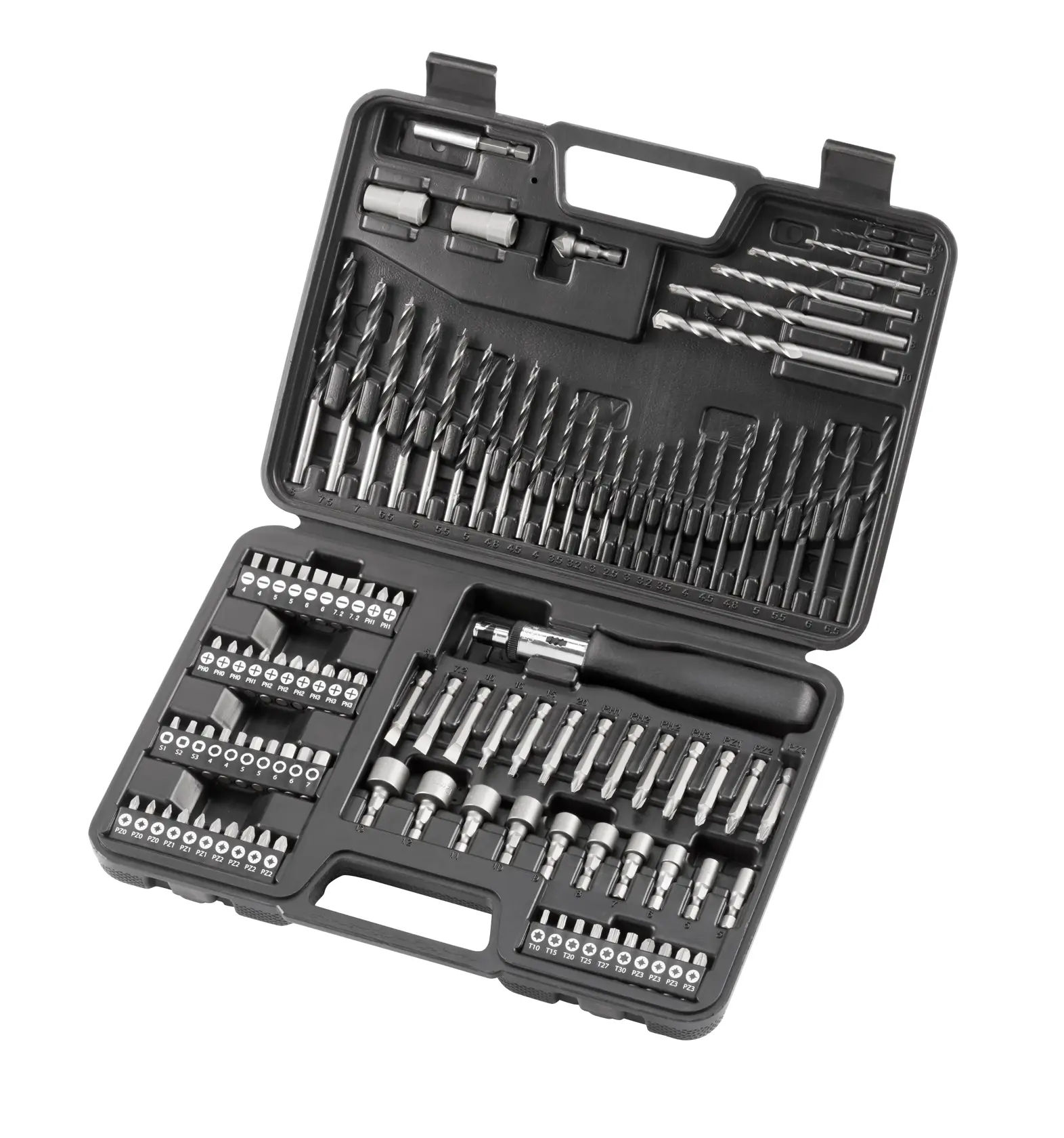 Juego DEWALT DT0109 de brocas y puntas con accesorios en estuche negro.