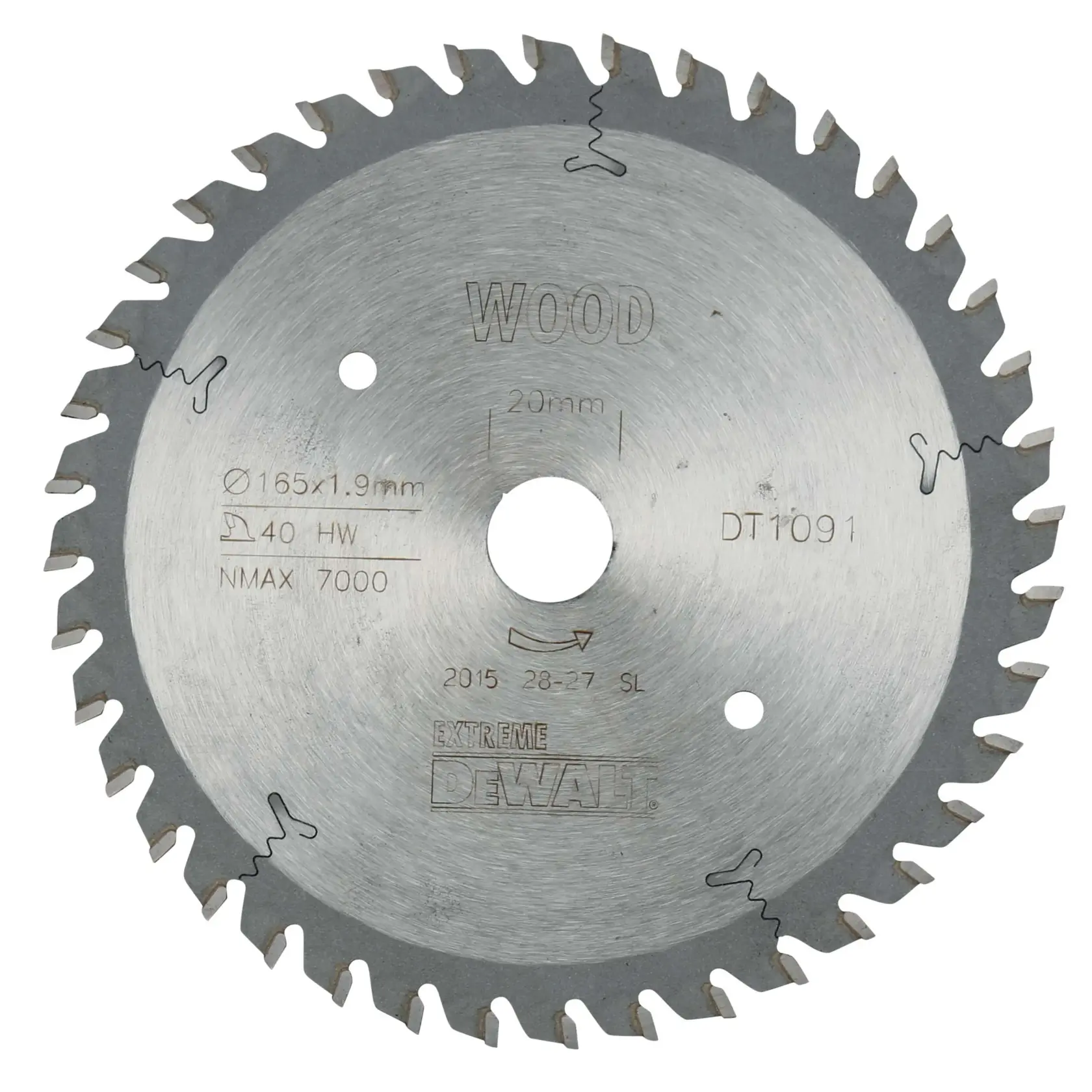 DEWALT DT1091 Kreissägeblatt für Holz, 165mm Durchmesser, 40 Zähne, silberfarben, zentrales Loch sichtbar.