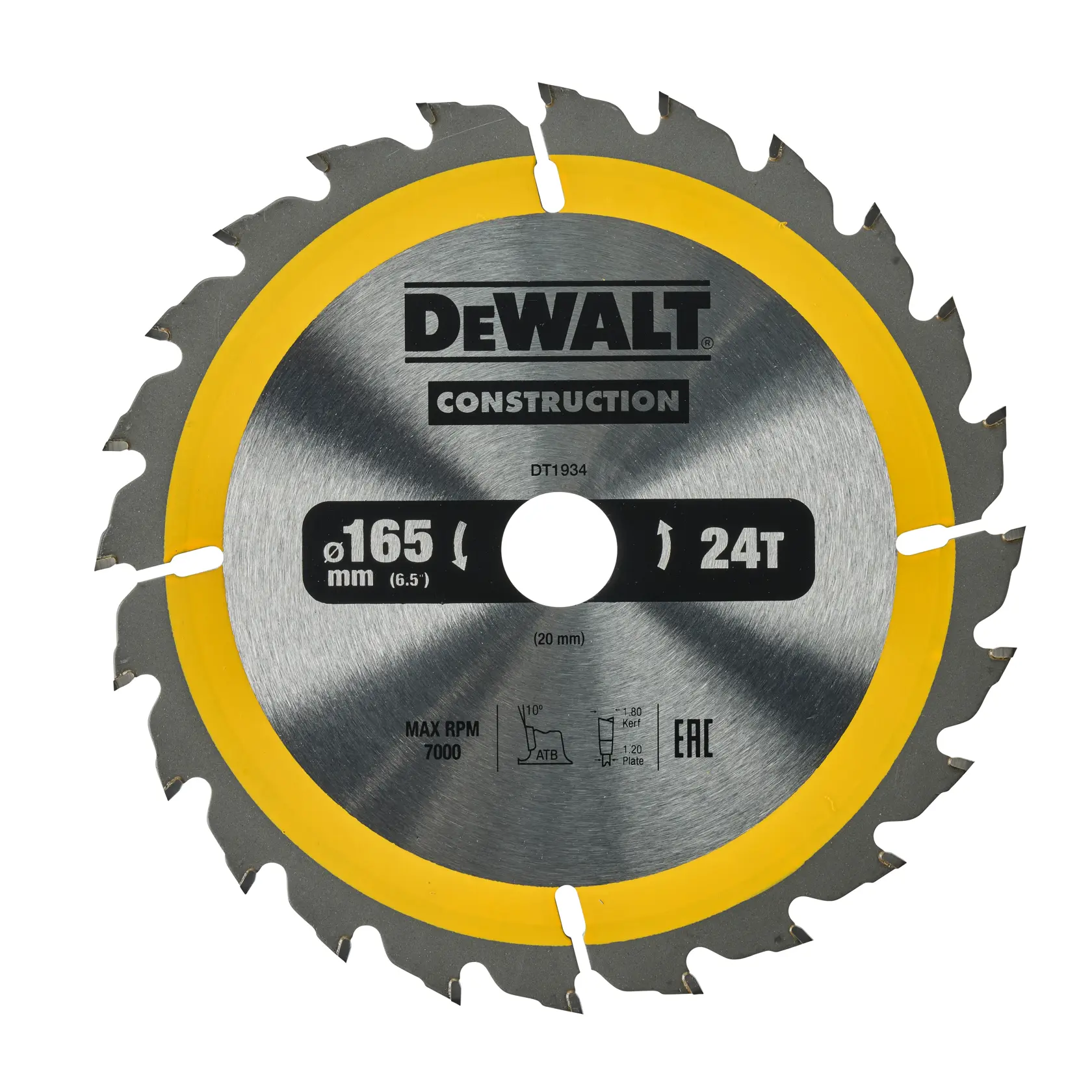 DEWALT DT1934 Kreissägeblatt, 165mm Durchmesser, 24 Zähne, silber mit gelbem Rand.