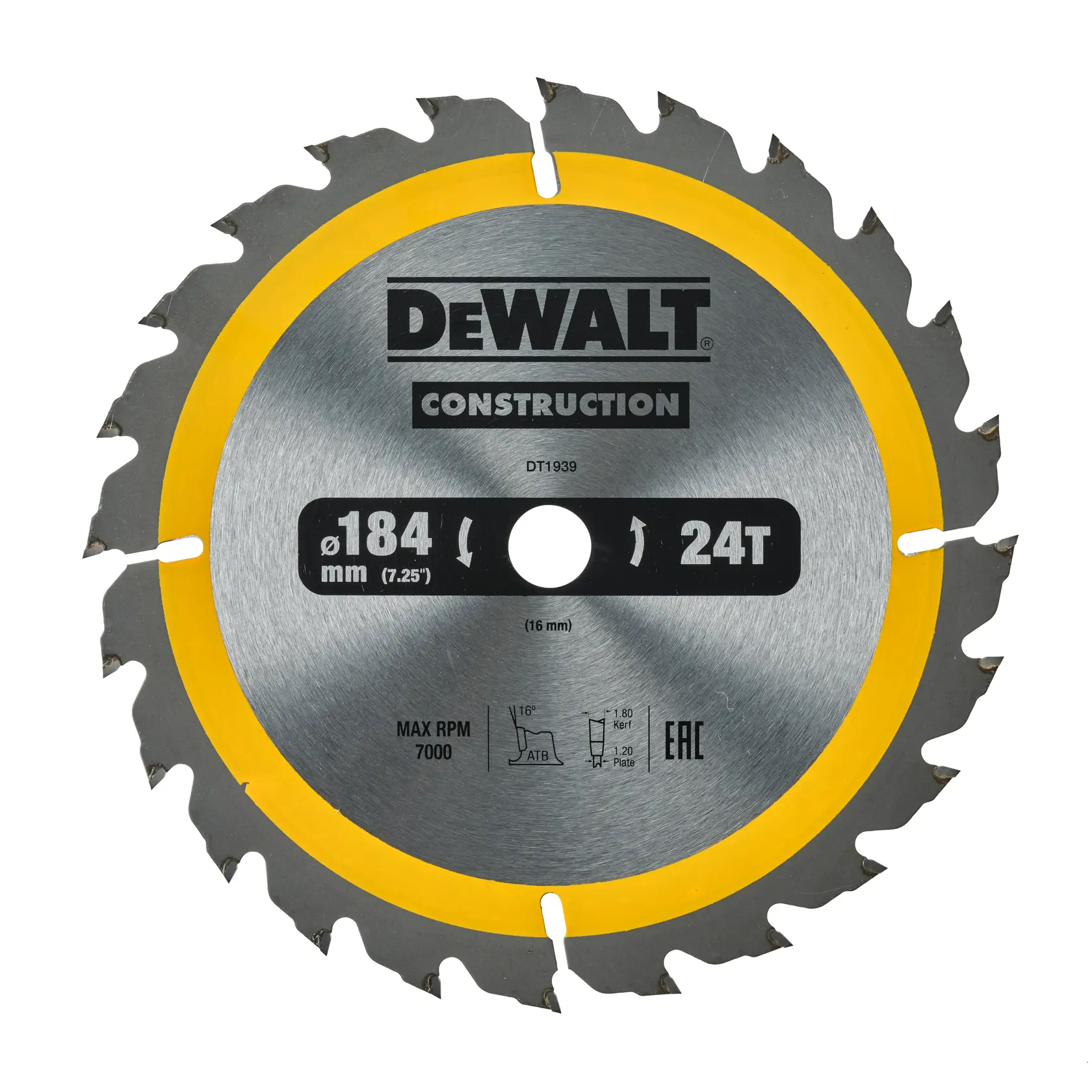 DEWALT DT1939 184mm 24T circular saw blade for construction, silver with yellow edge.