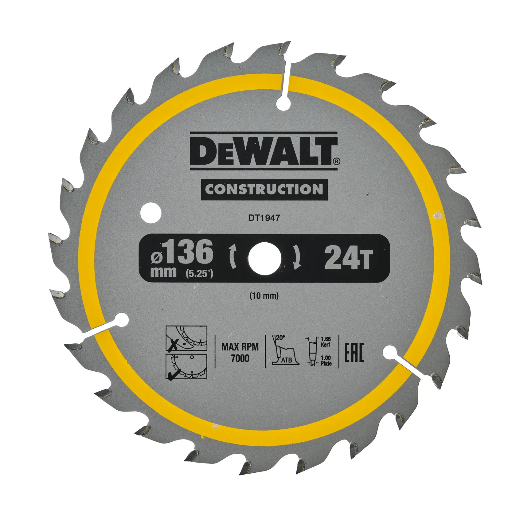 DEWALT DT1947 circular saw blade with 24 teeth, 136 mm diameter, grey with a yellow ring, designed for construction use and marked with technical specifications.