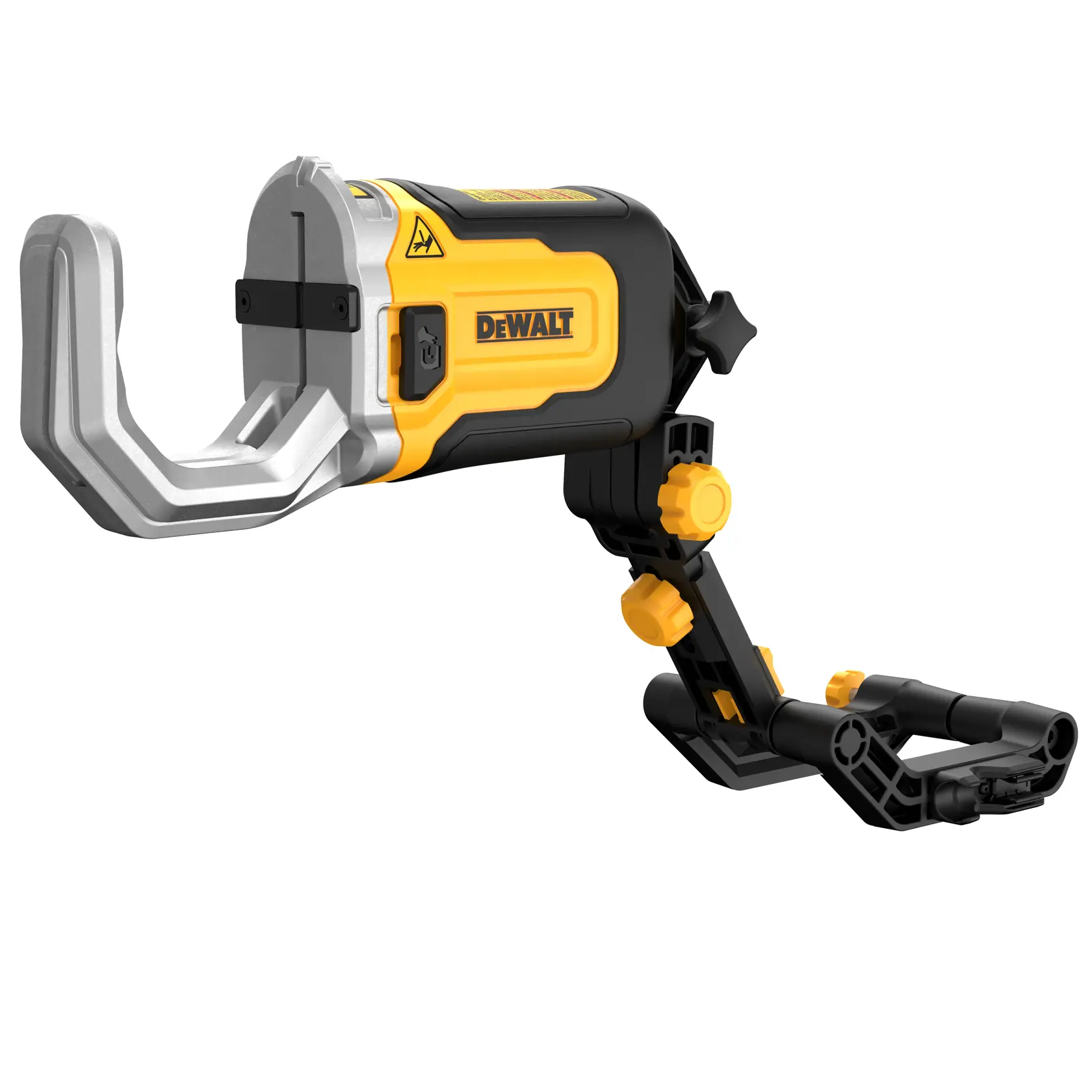 DEWALT DT20560 fotós kiegészítő, sárga-fekete állítható rögzítőkar és nagy fém bilincs, amelyet tárgyak biztonságos rögzítésére terveztek fotózási feladatok során.