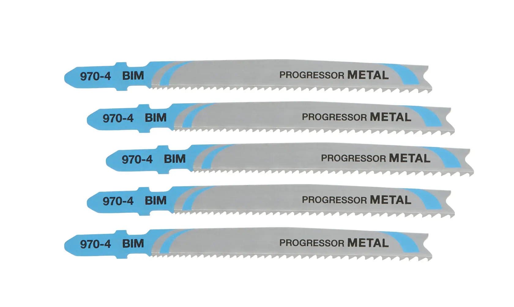 Juego de cinco hojas DEWALT DT2058 para cortar metal, diseño azul y plateado, marcadas BIM Progressor Metal.