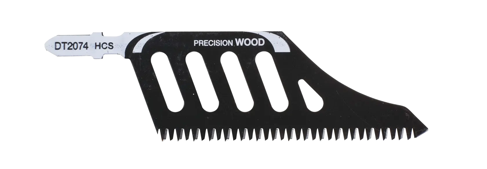 Hoja de sierra para madera DEWALT DT2074, negra con base plateada, sobre fondo blanco.