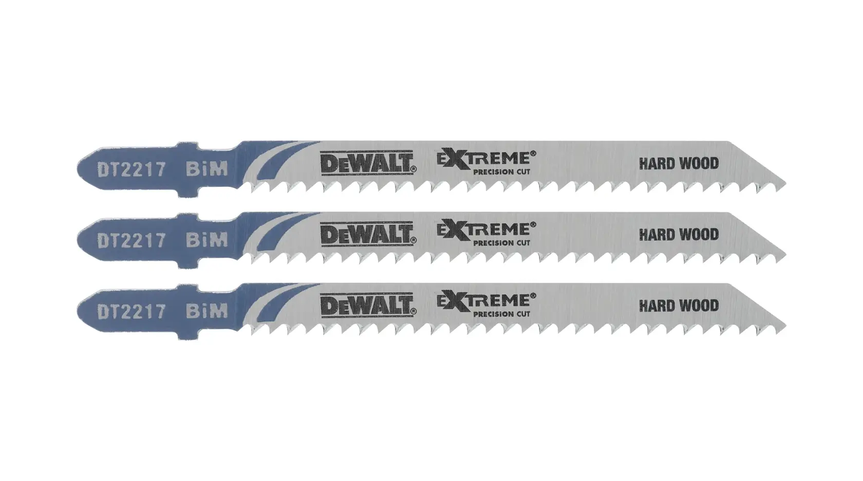 Tres hojas de caladora DEWALT DT2217 para madera dura con dientes de precisión y marca BiM.