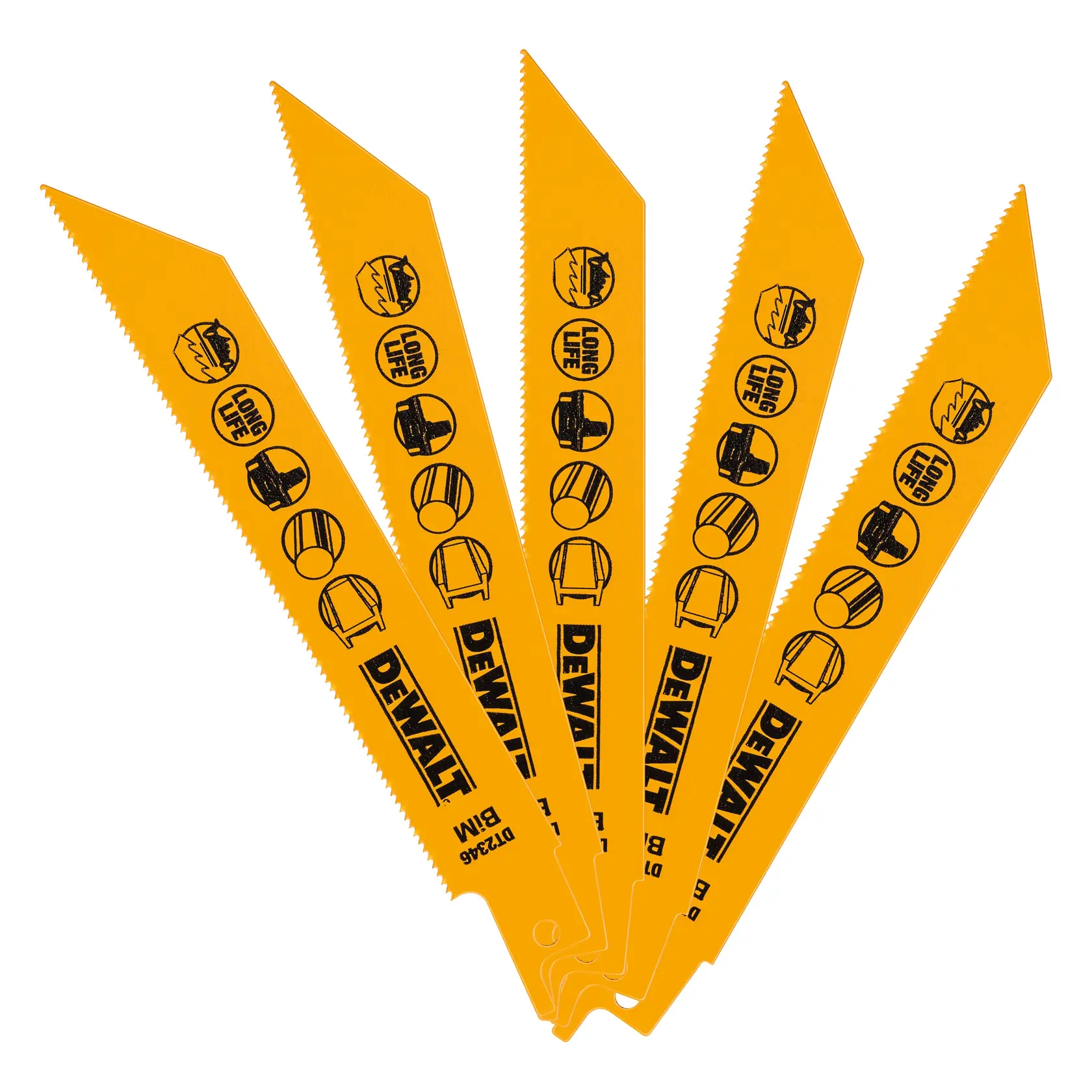 Five yellow DEWALT DT2346 reciprocating saw blades with icons and text for durability and usage.