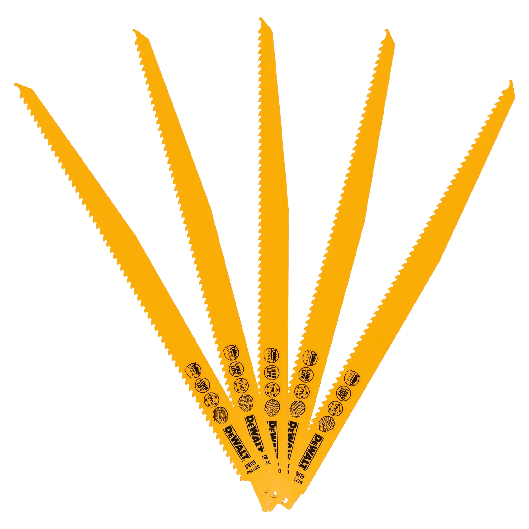 Cinco hojas amarillas DEWALT para sierra recíproca, con iconos y texto, en forma de abanico.