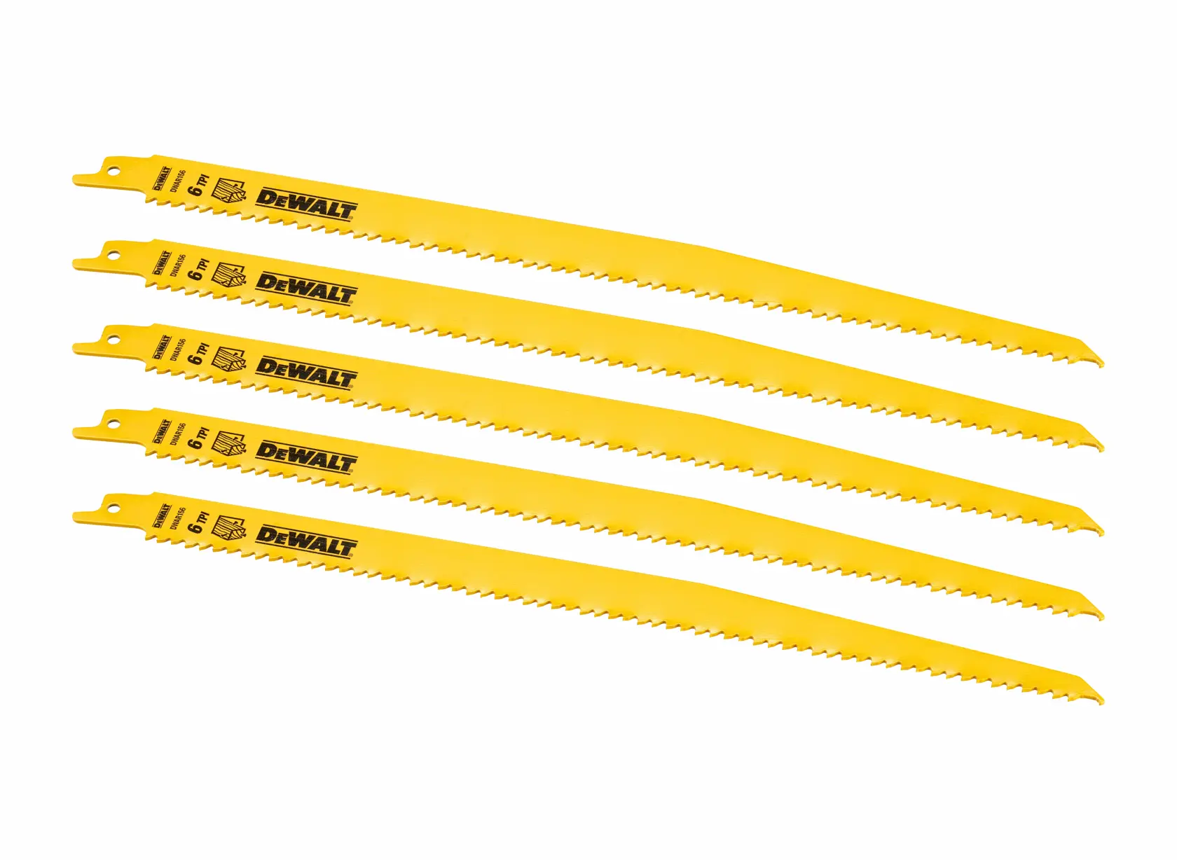 Cinco hojas amarillas DEWALT de sierra recíproca en fila, con dientes afilados y etiquetas visibles.