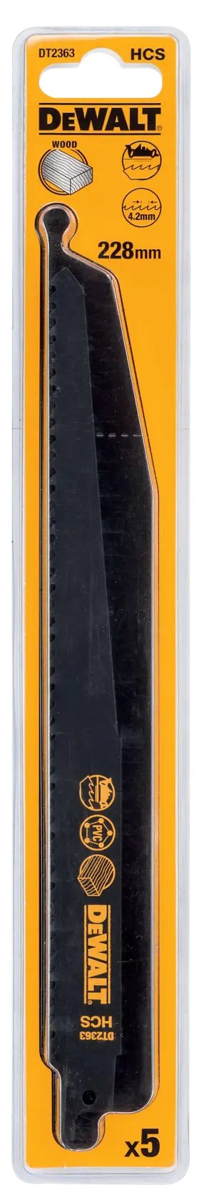 DEWALT DT2363 Holzsägeblatt, 228mm, HCS, 5er-Pack in gelber Verpackung.