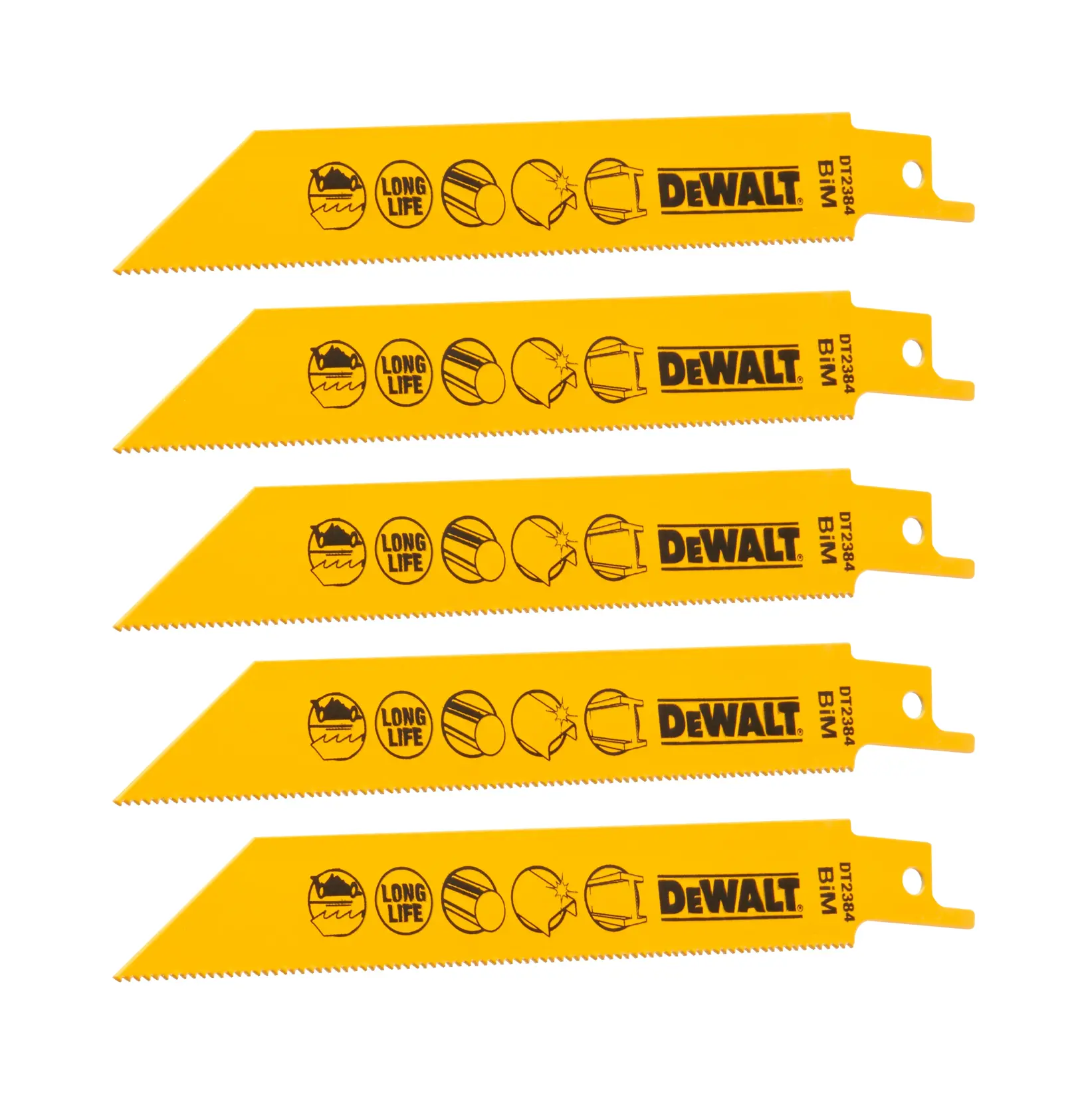 Juego de cuatro hojas amarillas DEWALT DT2384 para sierras alternativas, para madera y metal.