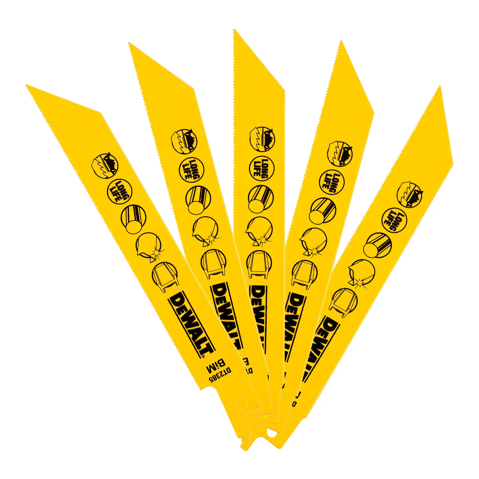 Cinco hojas de sierra amarillas DEWALT DT2385 con iconos, dispuestas en abanico sobre fondo blanco.
