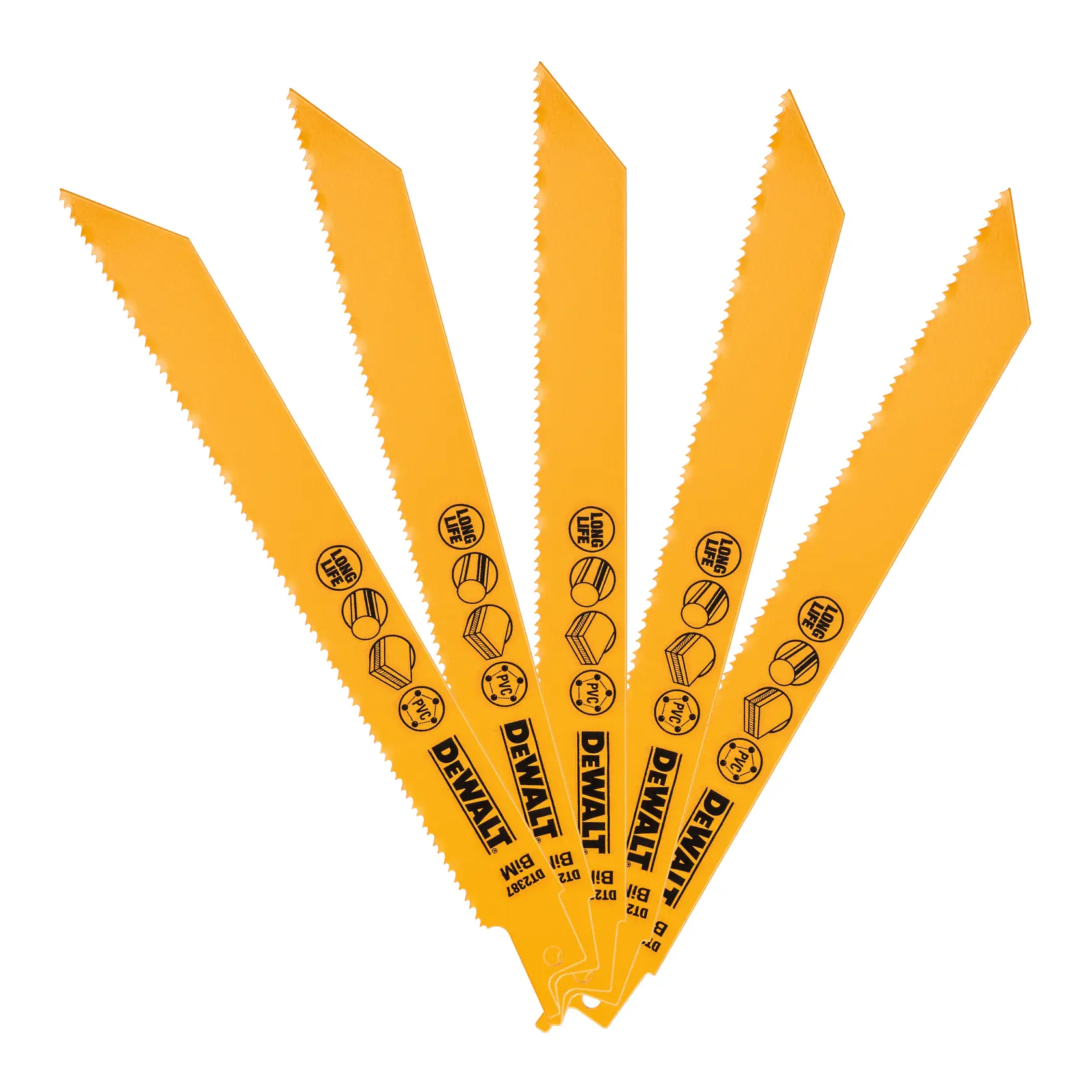 Cinco hojas de sierra recíproca amarillas DEWALT, dispuestas en abanico, cada una con iconos y texto que indican larga vida útil y materiales adecuados.