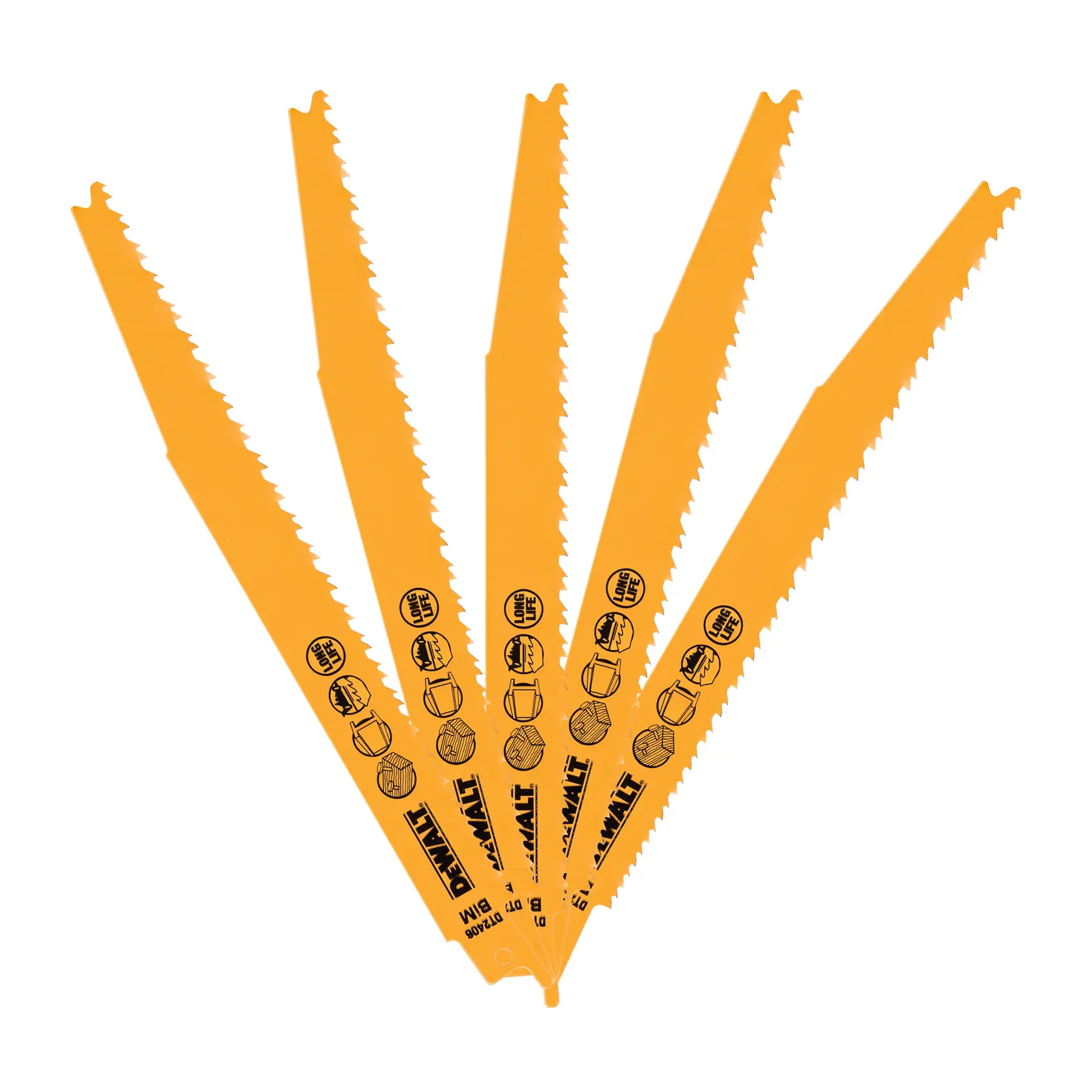 Cinco hojas amarillas DEWALT DT2406 para sierras, en forma de abanico, ideales para cortar madera.