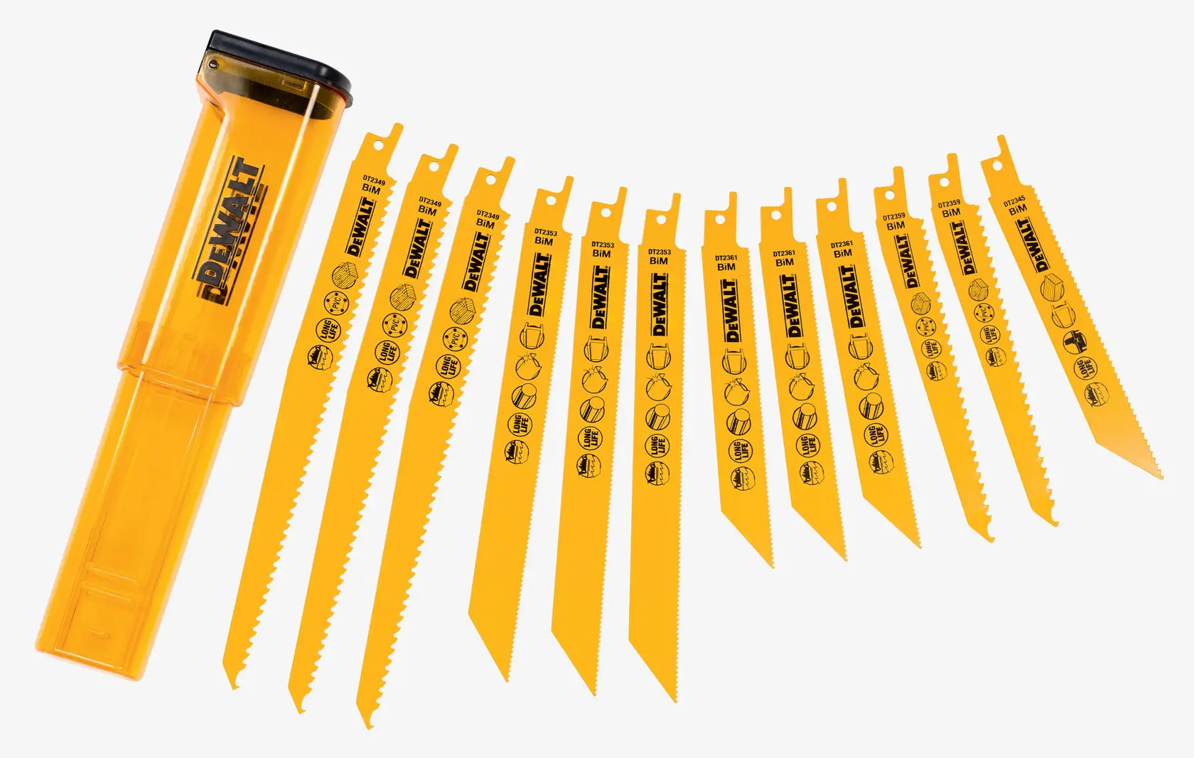 Ein Satz von zehn gelben DEWALT-Säbelsägeblättern mit einer passenden gelben Aufbewahrungsbox, in einer Reihe angeordnet. Jedes Blatt zeigt das aufgedruckte DEWALT-Logo und Symbole für geeignete Materialien und Anwendungen.