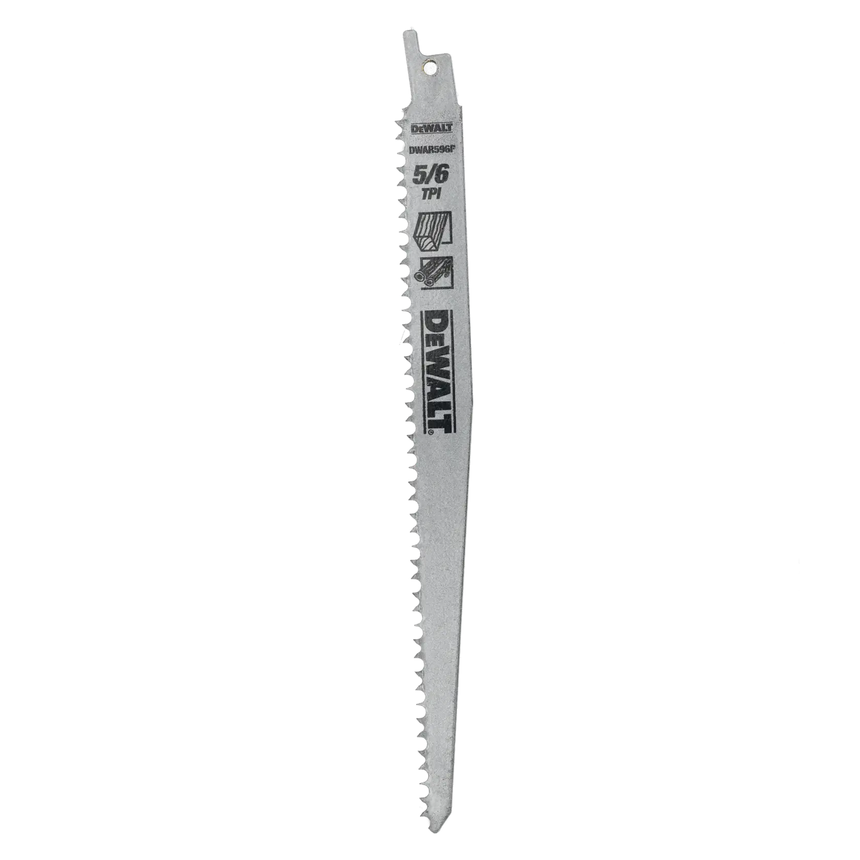 DEWALT DT2493 Säbelsägeblatt mit 5/6 TPI für Holz, senkrecht auf weißem Hintergrund gezeigt.
