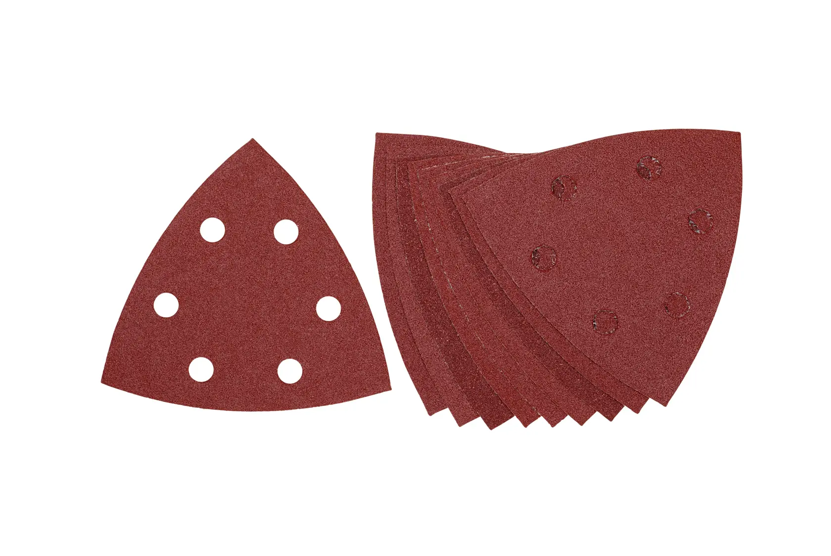 Juego de hojas de lija triangulares DEWALT con seis agujeros para herramientas múltiples o lijadoras.