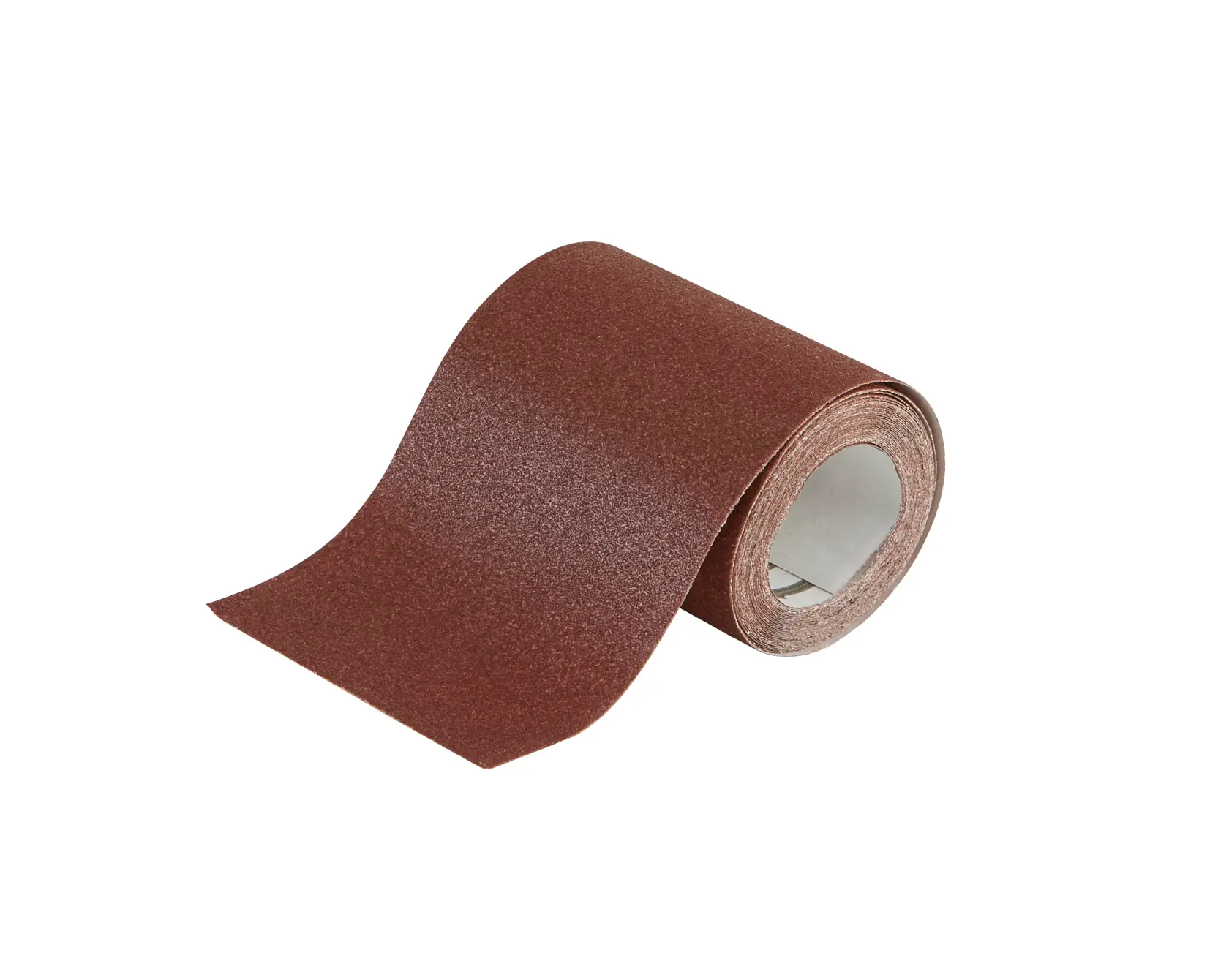 A roll of brown abrasive sandpaper, partially unrolled, used for sanding surfaces.