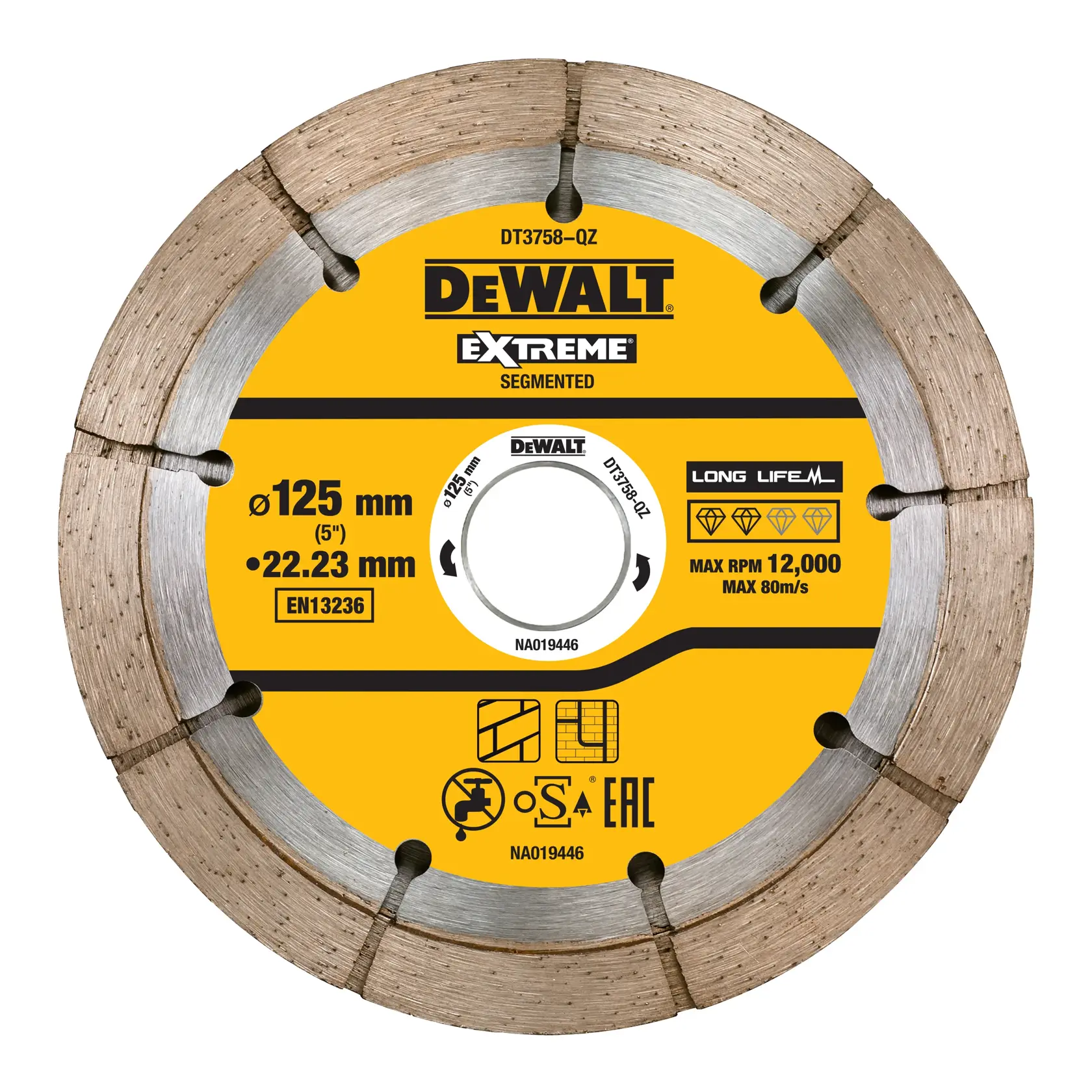 DEWALT DT3758 segmentiertes Diamantblatt, 125mm, gelber Kern, zum Schneiden, max 12.000 U/min.