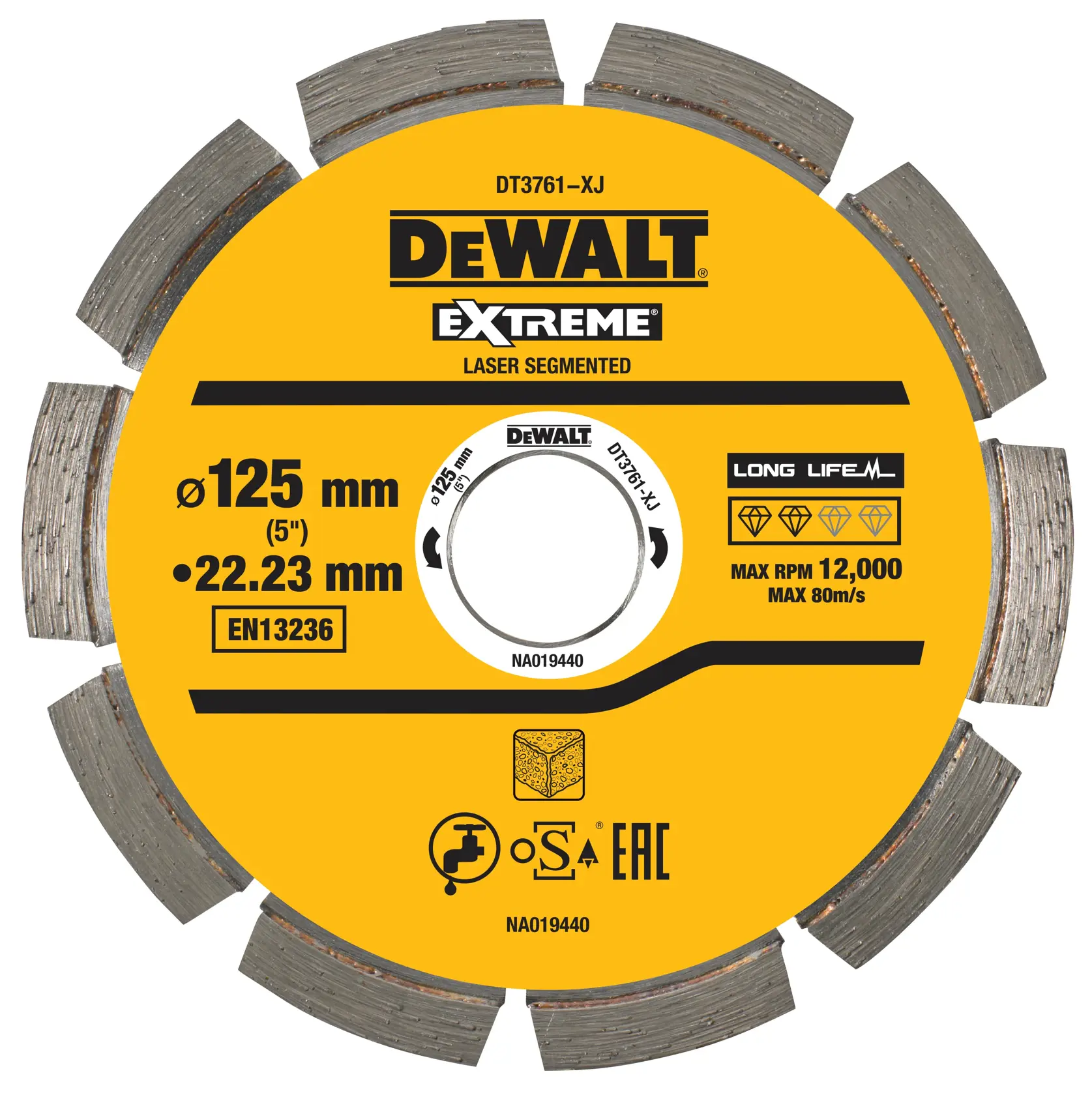 DEWALT DT3761 Extreme laser segmented diamond blade in yellow color, 125 mm diameter and 22.23 mm bore, suitable for cutting materials, with a maximum speed rating of 12,000 RPM and marking for long lifetime and safety standards.