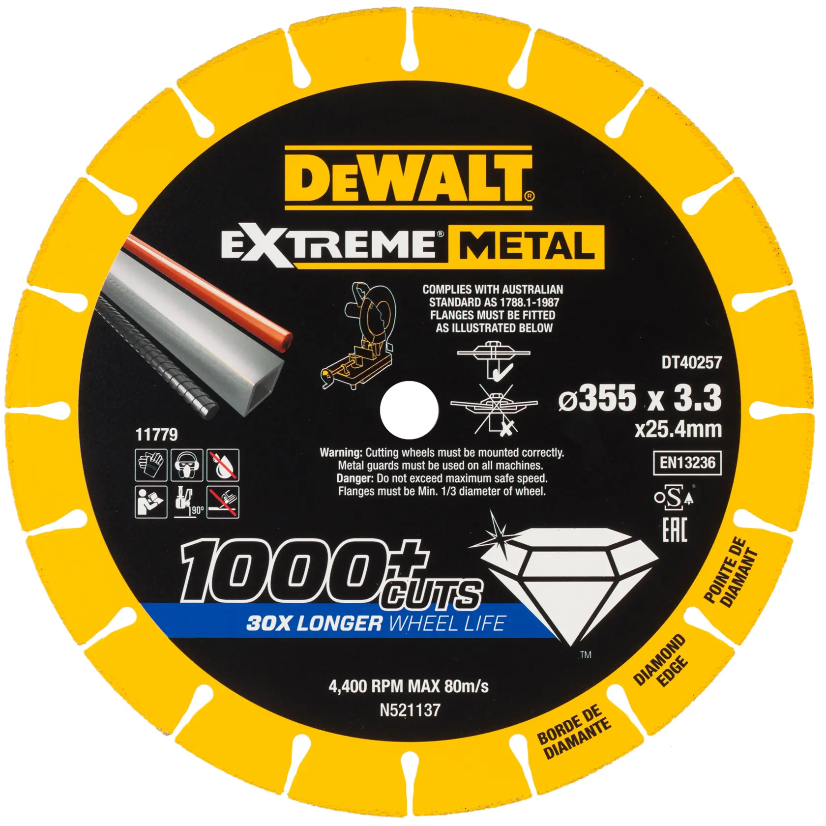 Disco de corte diamante DEWALT Extreme Metal DT40257, 355 x 3,3 x 25,4 mm, para cortes duraderos en metal.