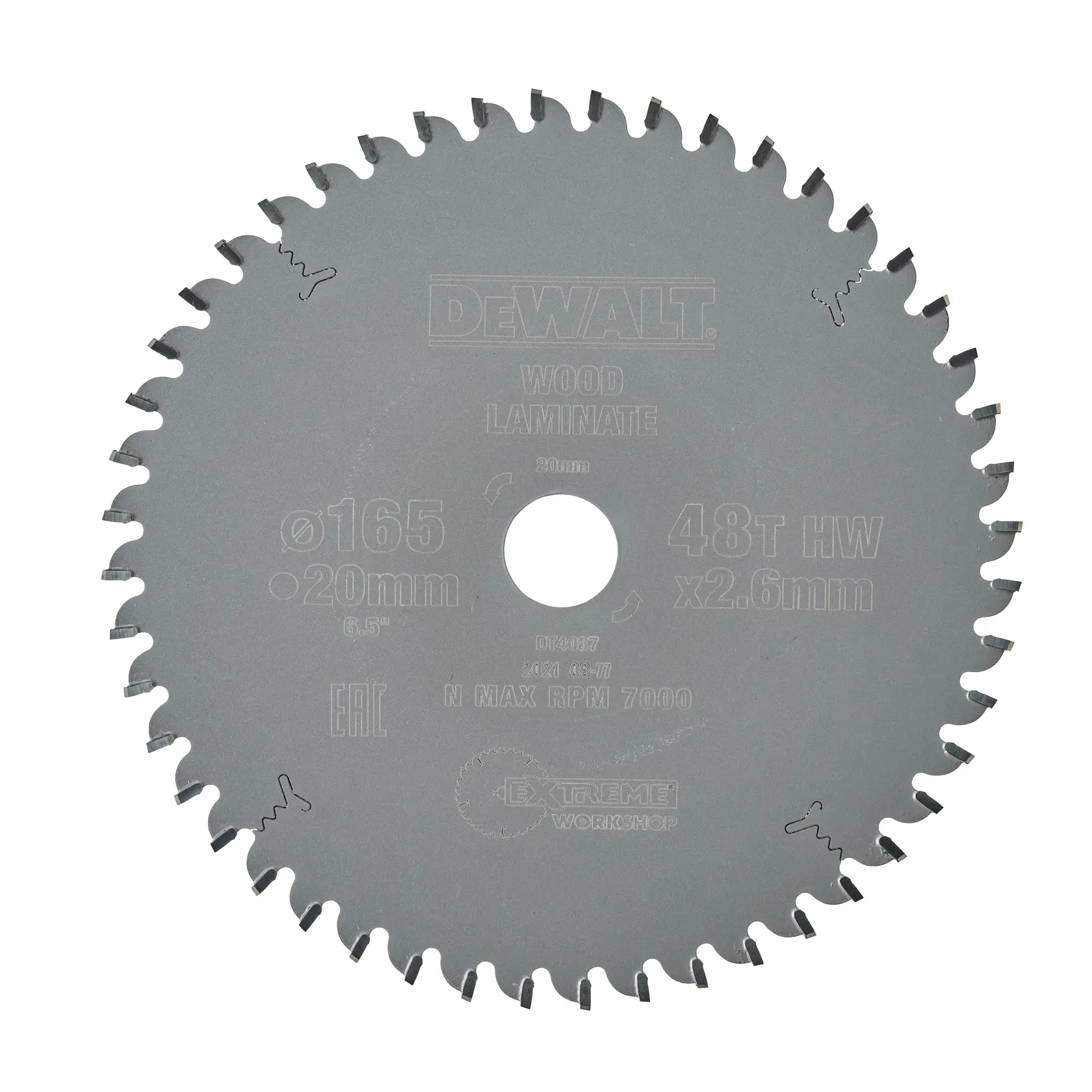 Una hoja de sierra circular DEWALT, modelo DT4087, diseñada para madera y laminado. La hoja tiene 48 dientes y especificaciones que incluyen diámetro de 165 mm, agujero de 20 mm y RPM máximo de 7000.