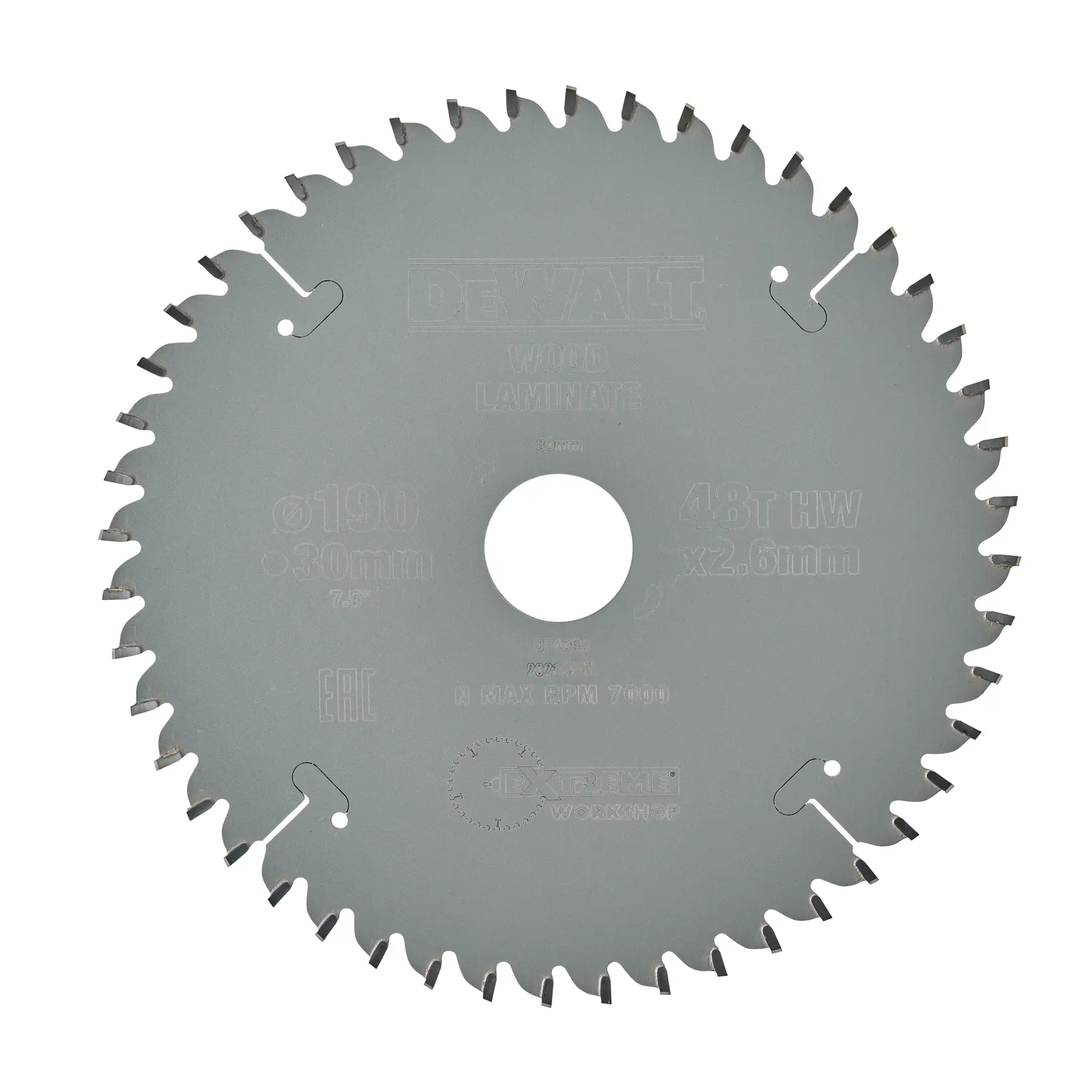 Hoja de sierra circular DEWALT DT4094 para madera y laminado, 190mm, 48 dientes, color plata.