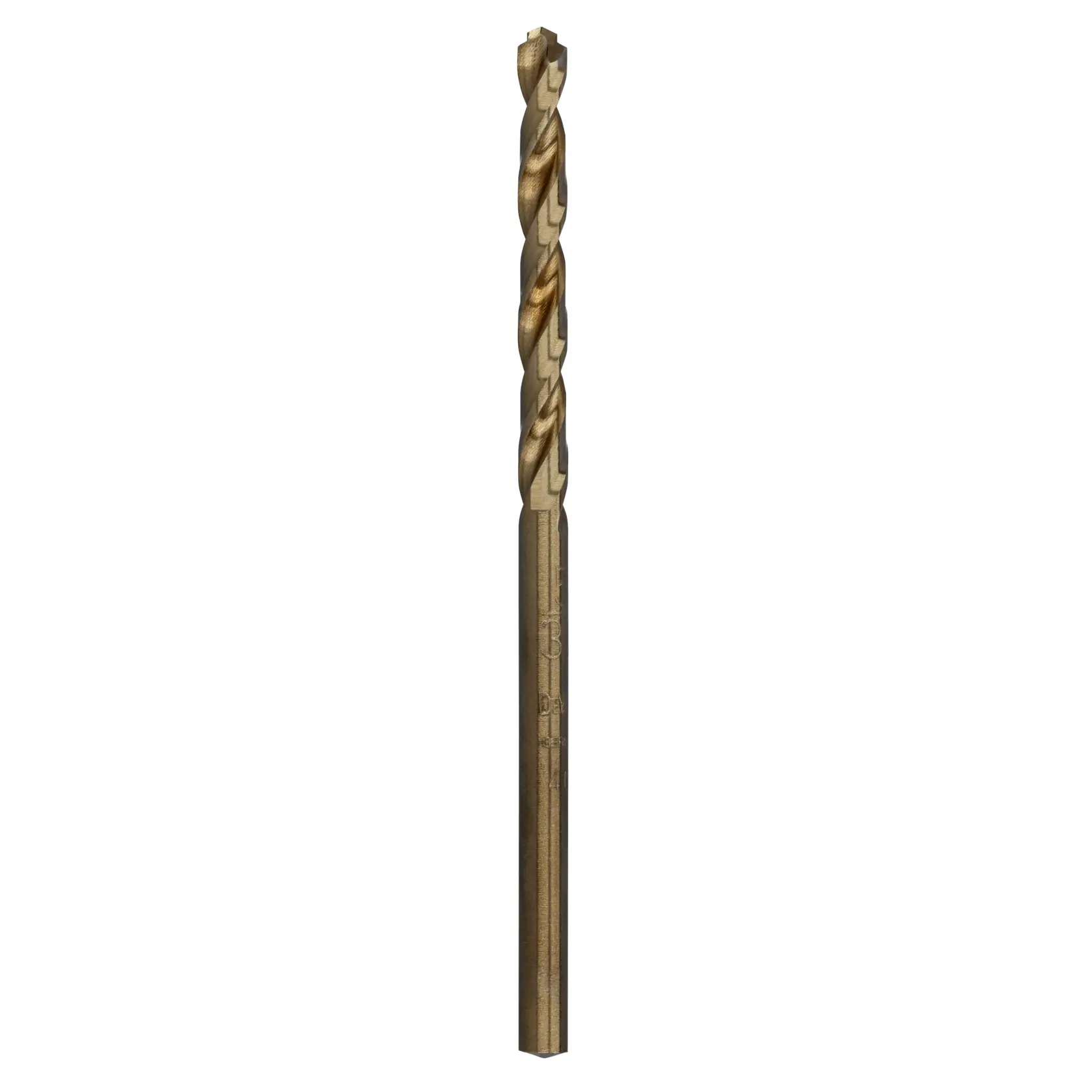 A DEWALT DT4932 gold-colored metal drill bit with spiral flutes, shown vertically on white background.