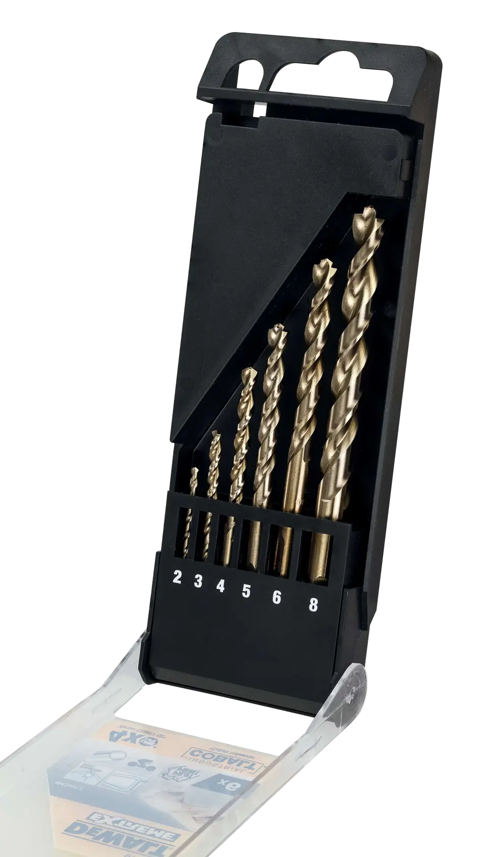 Ein Set mit sechs Metallbohrern in verschiedenen Größen (2, 3, 4, 5, 6, 8 mm) in einem geöffneten schwarzen Kunststoffetui von DEWALT.