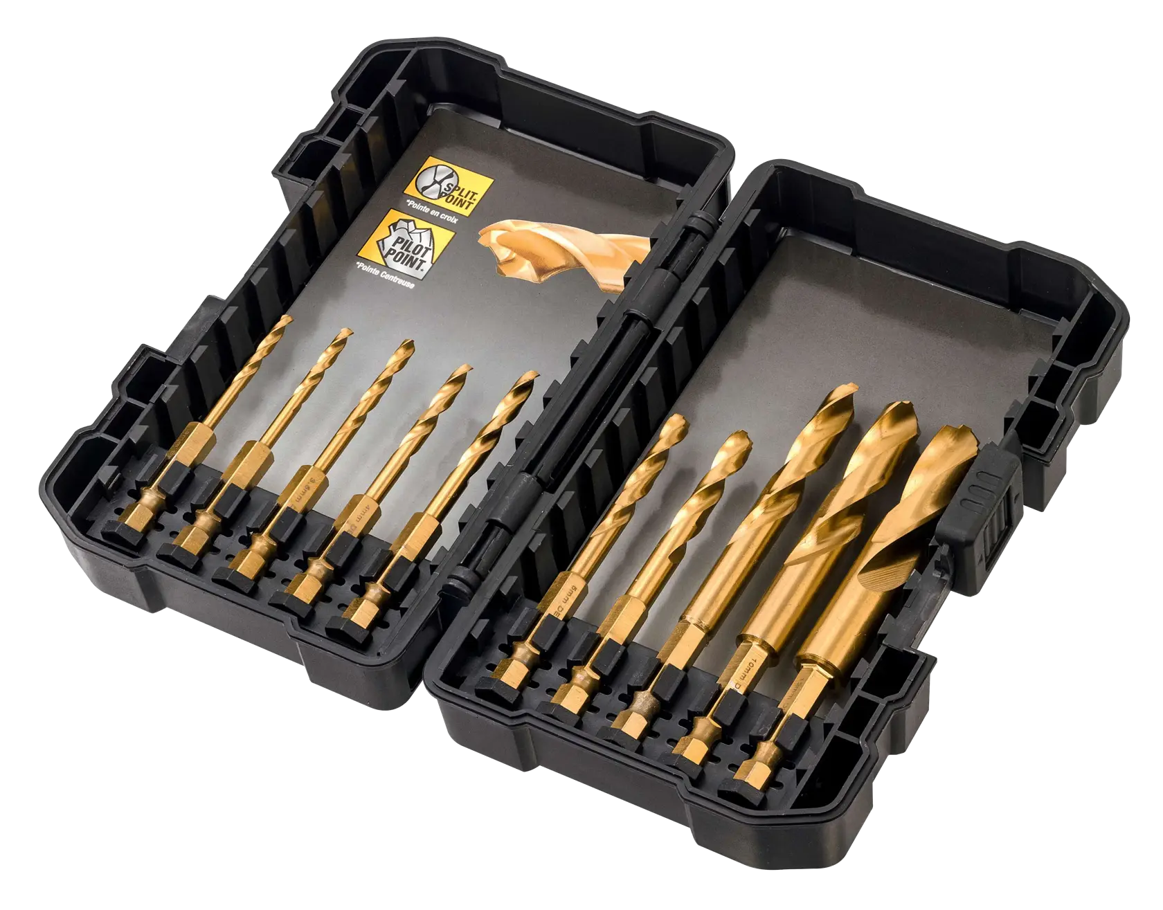 DEWALT titanium drill bit set in a black case, showing various sizes for drilling tasks.