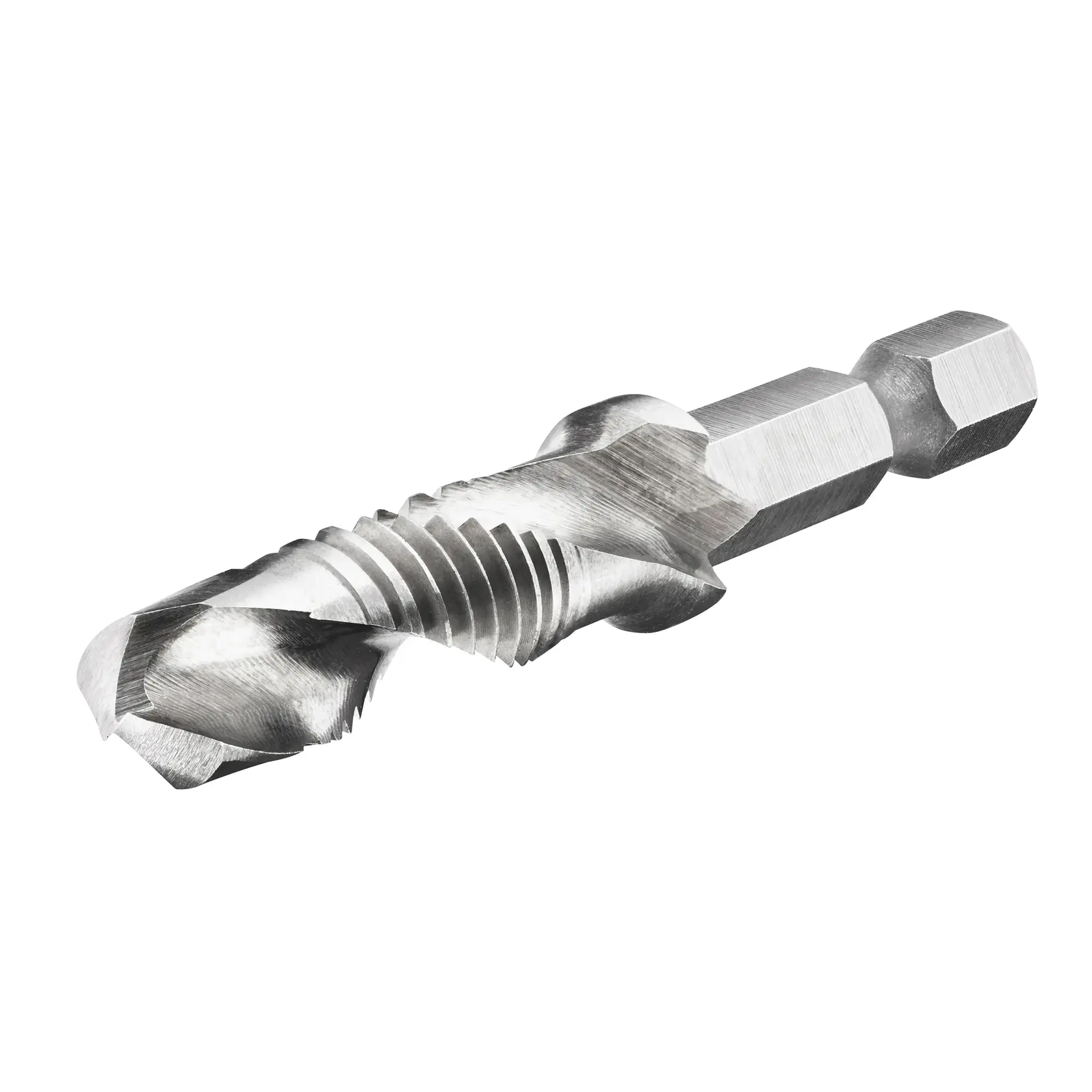 Vista de cerca de una broca macho de metal DEWALT DT50060 con vástago hexagonal, utilizada para perforar y roscar agujeros.