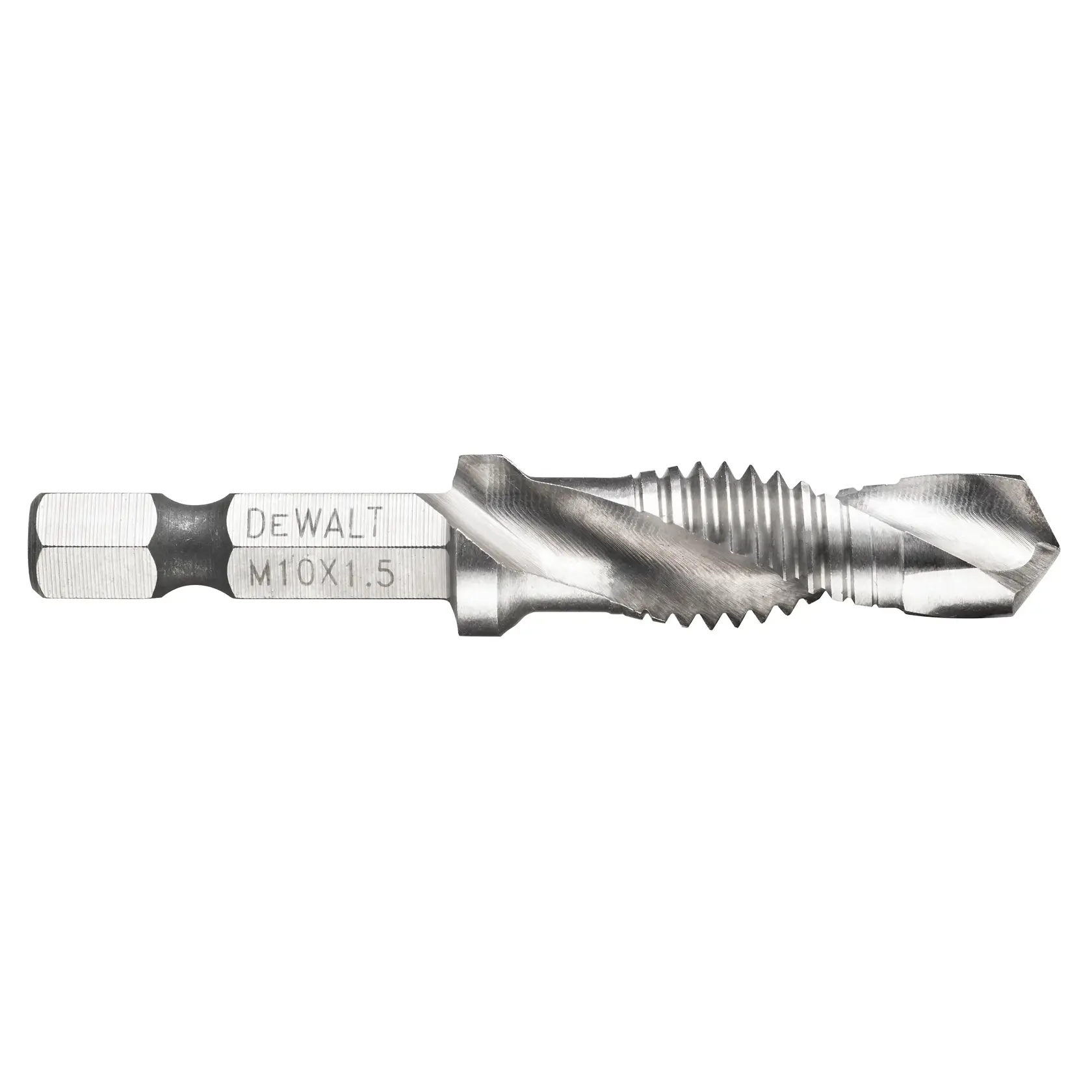 Imagen en primer plano de una broca de metal con rosca DEWALT M10 x 1.5 con vástago hexagonal, diseñada para perforar y roscar superficies metálicas.
