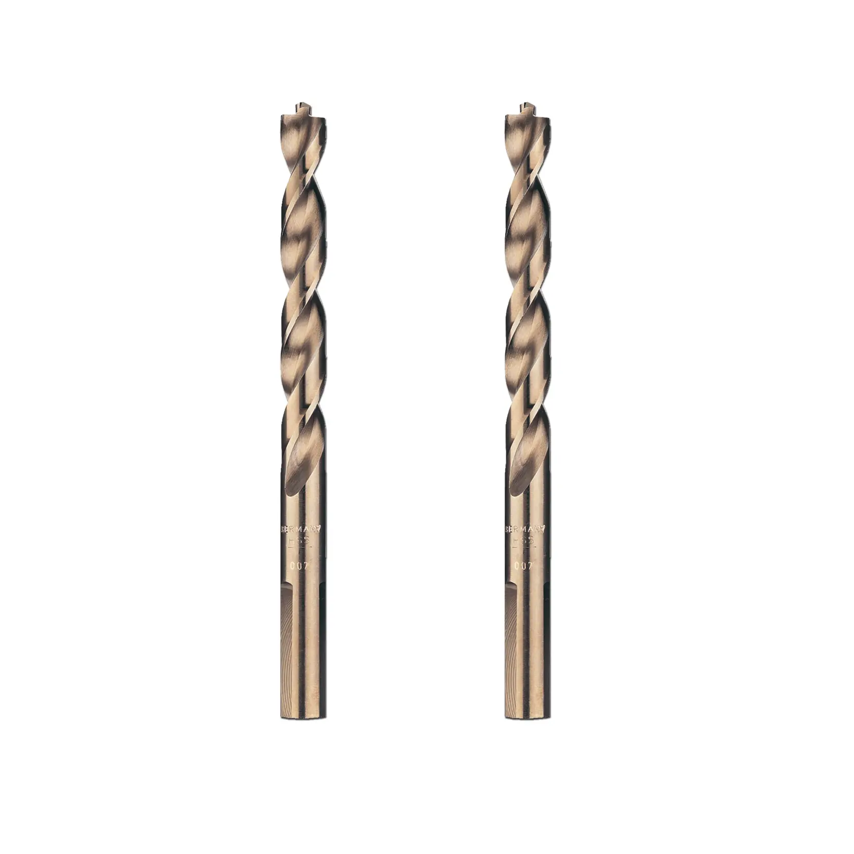 Dos brocas metálicas de espiral colocadas verticalmente una junto a la otra sobre fondo blanco.