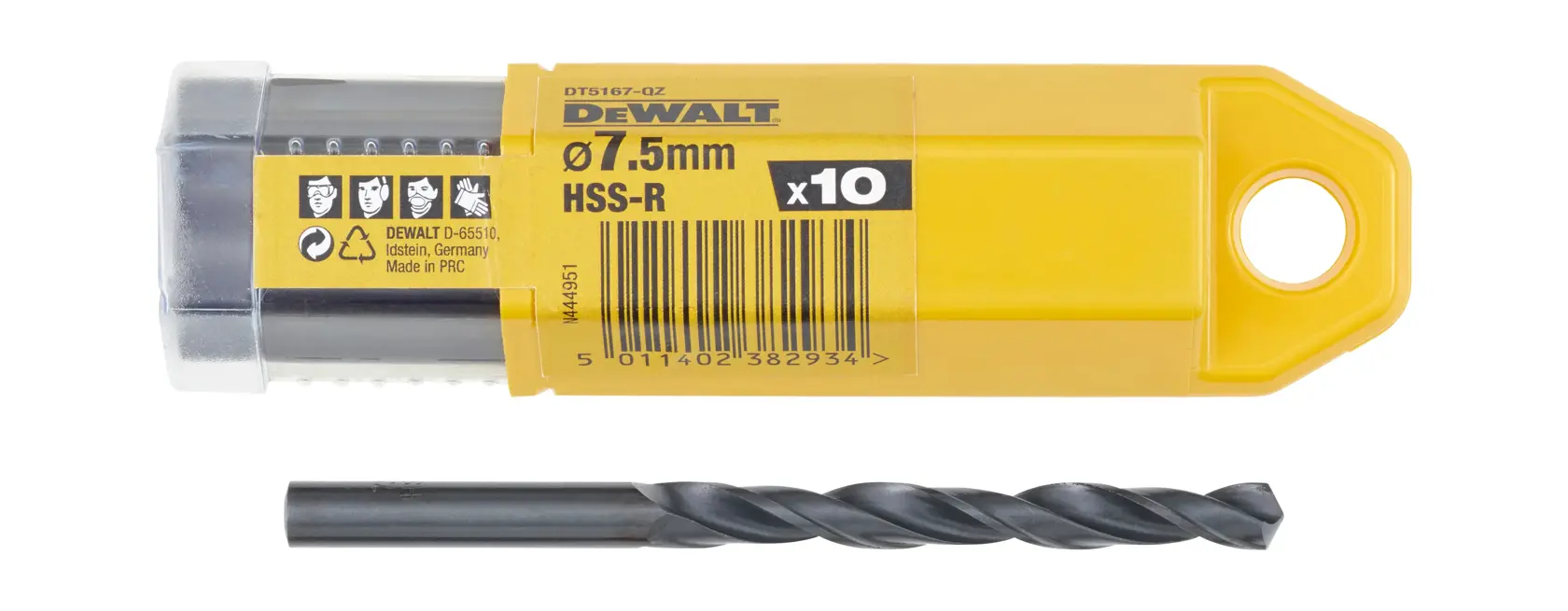 DEWALT DT5167 7.5mm HSS-R drill bit and yellow storage tube, suitable for metal drilling.
