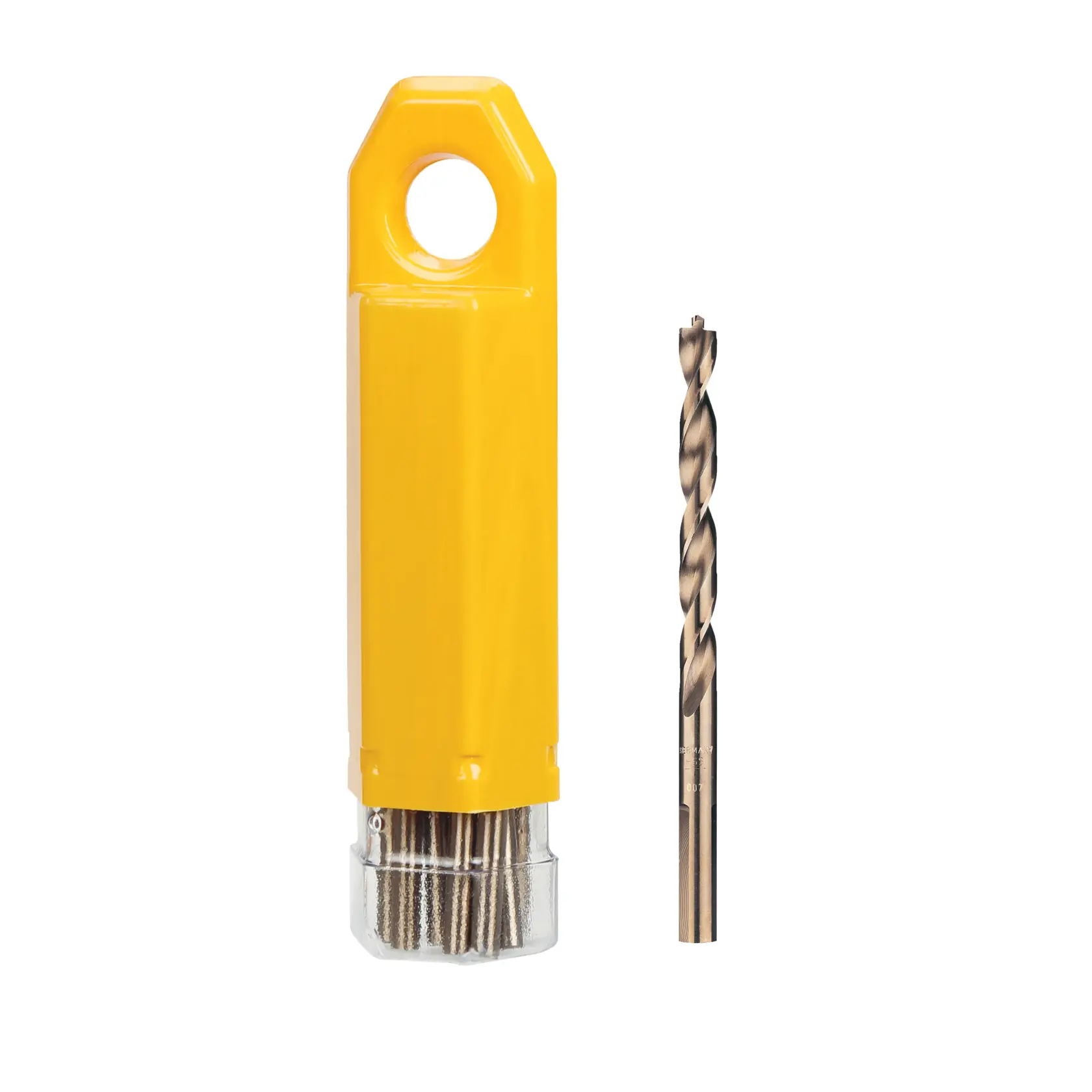 Juego de brocas DEWALT con estuche amarillo y una broca mostrada de pie a un lado.