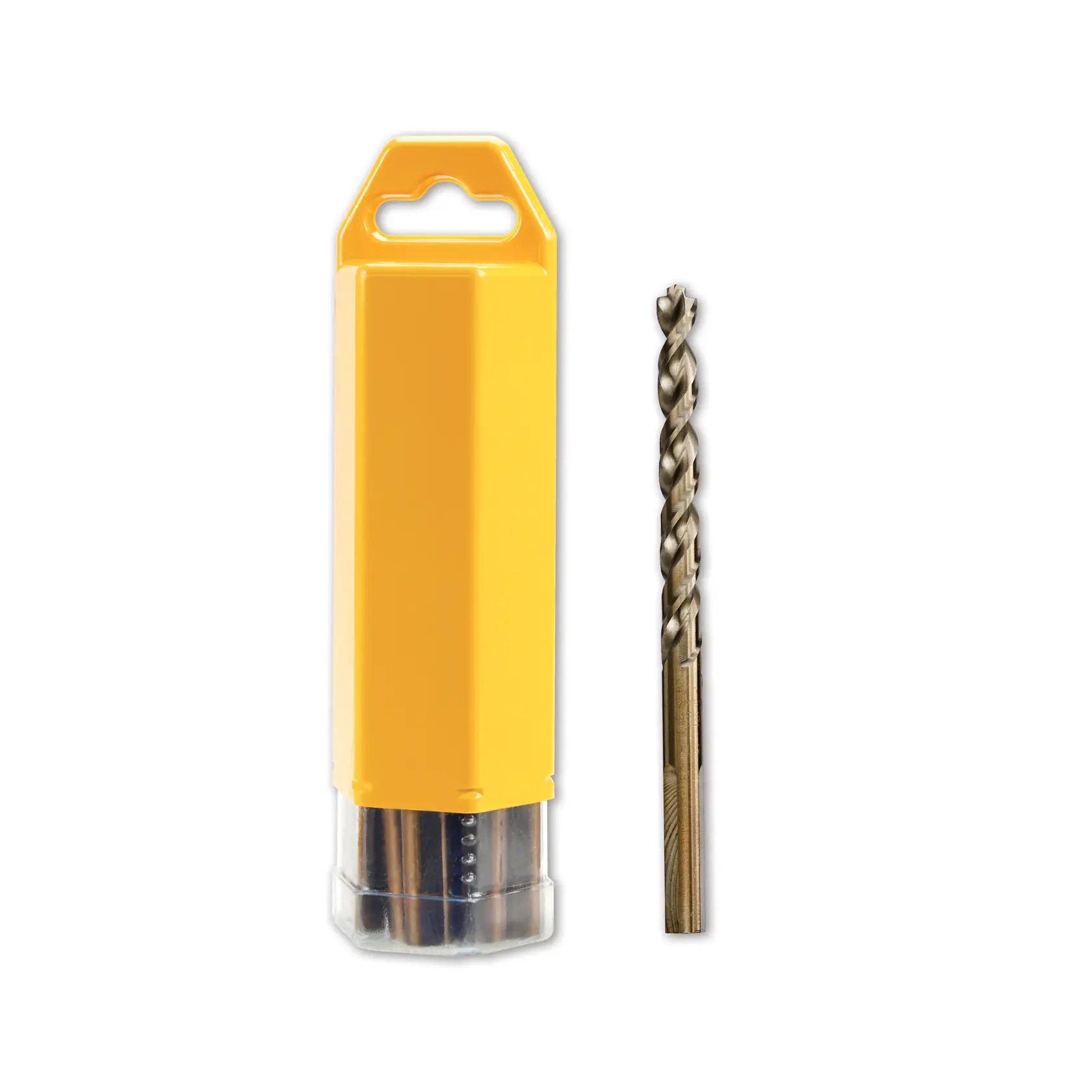 Una broca de metal junto a su estuche amarillo de plástico sobre fondo blanco.