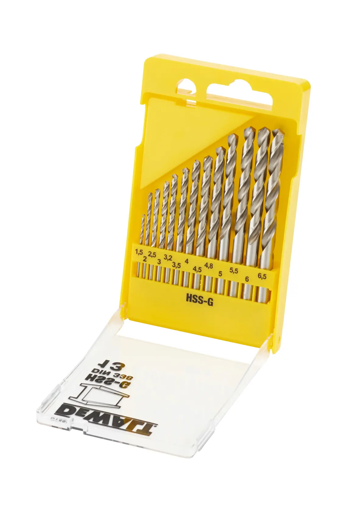 Estuche amarillo DEWALT DT5922 con 13 brocas para metal de diferentes tamaños.