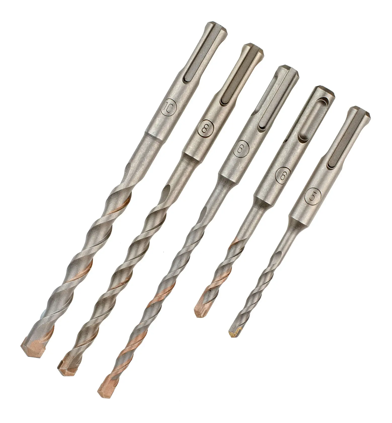 Five DEWALT SDS drill bits arranged side by side, showing different sizes for masonry drilling.