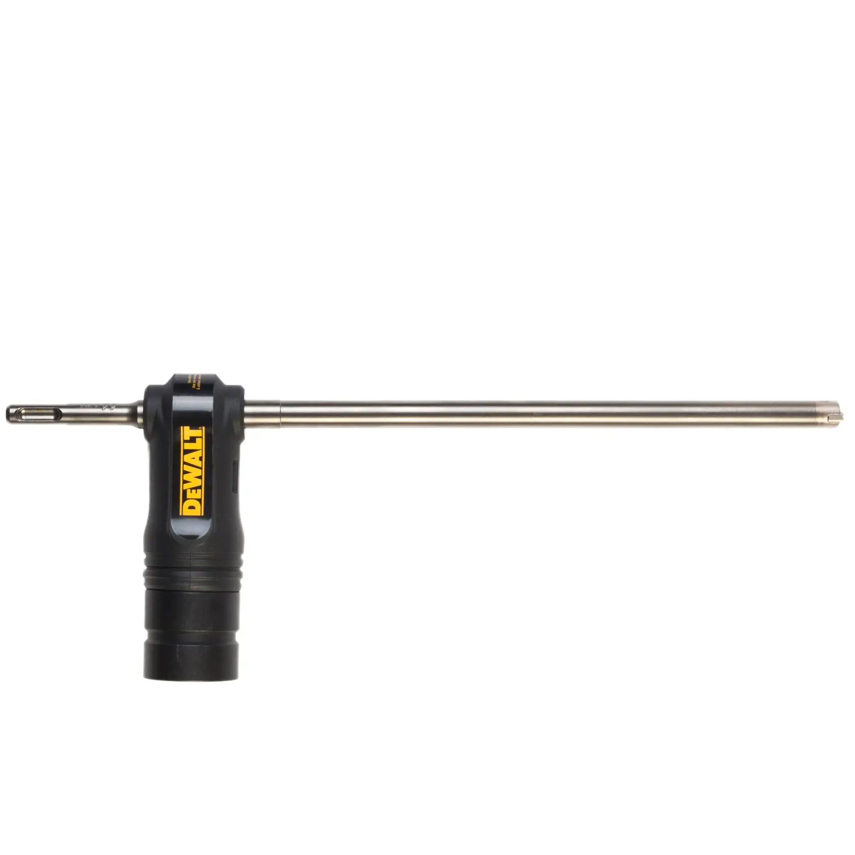 Un accesorio para taladro DEWALT DT60341 con mango negro y eje largo de metal, diseñado para usar con herramientas eléctricas.