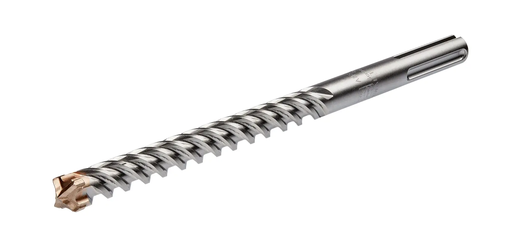 DEWALT SDS Hammerbohrer mit Spiralform und Hartmetallspitze vor weißem Hintergrund.
