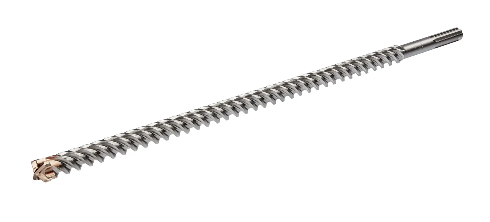 Broca de mampostería de metal DEWALT DT60827 con ranura espiral y punta de carburo, mostrada sobre fondo blanco.