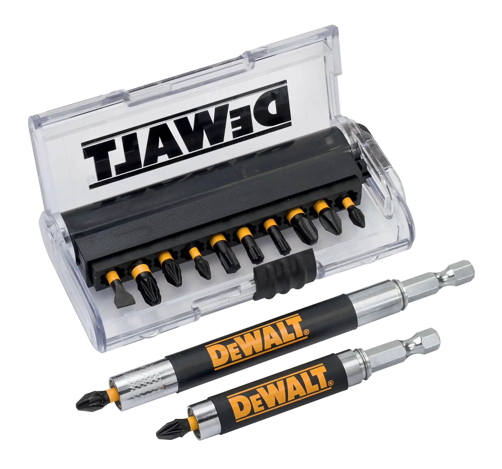 DEWALT bit set in a transparent case with two screwdriver bit holders for power tools.