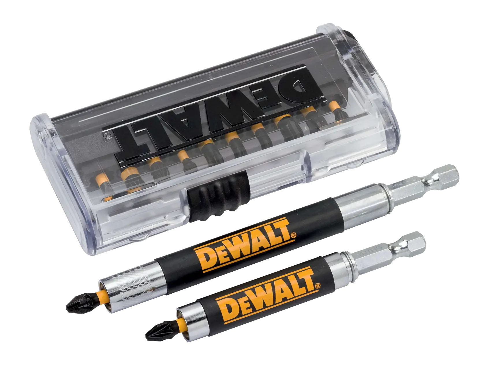 DEWALT screwdriver bit set with clear case and two labeled extension bits for power tools.