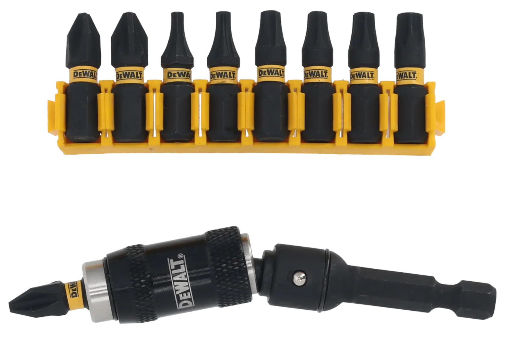 DEWALT screwdriver bit set including eight bits in a yellow holder and a black drill bit holder with a quick-change mechanism.