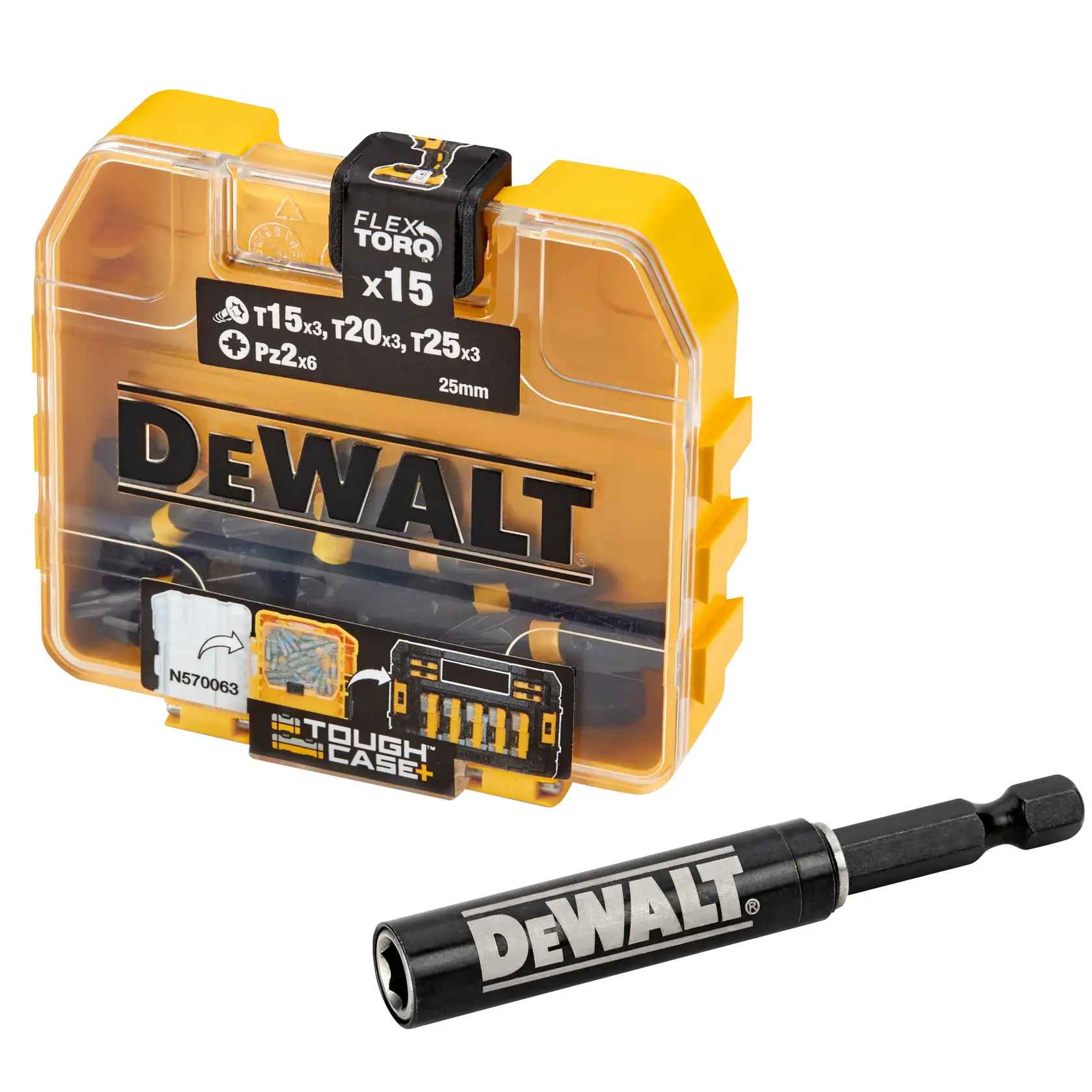 DEWALT DT70522T FlexTorq screwdriver bit set in a yellow case with bit holder for tools.