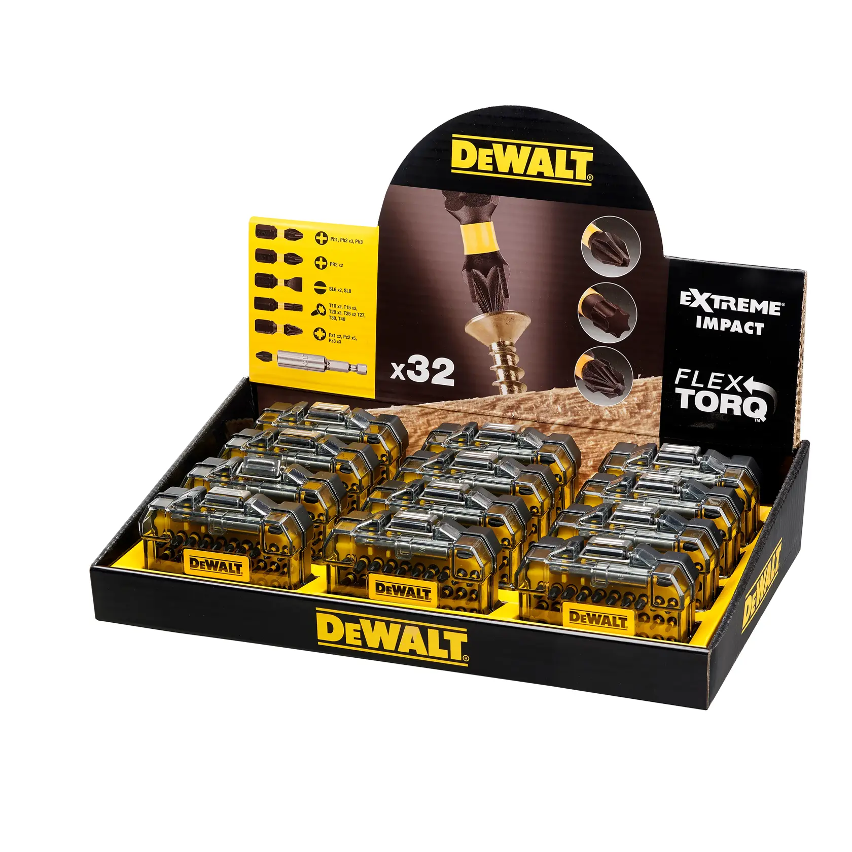 DEWALT FlexTorq Extreme Impact bit set display box with multiple kits, product info shown on packaging.