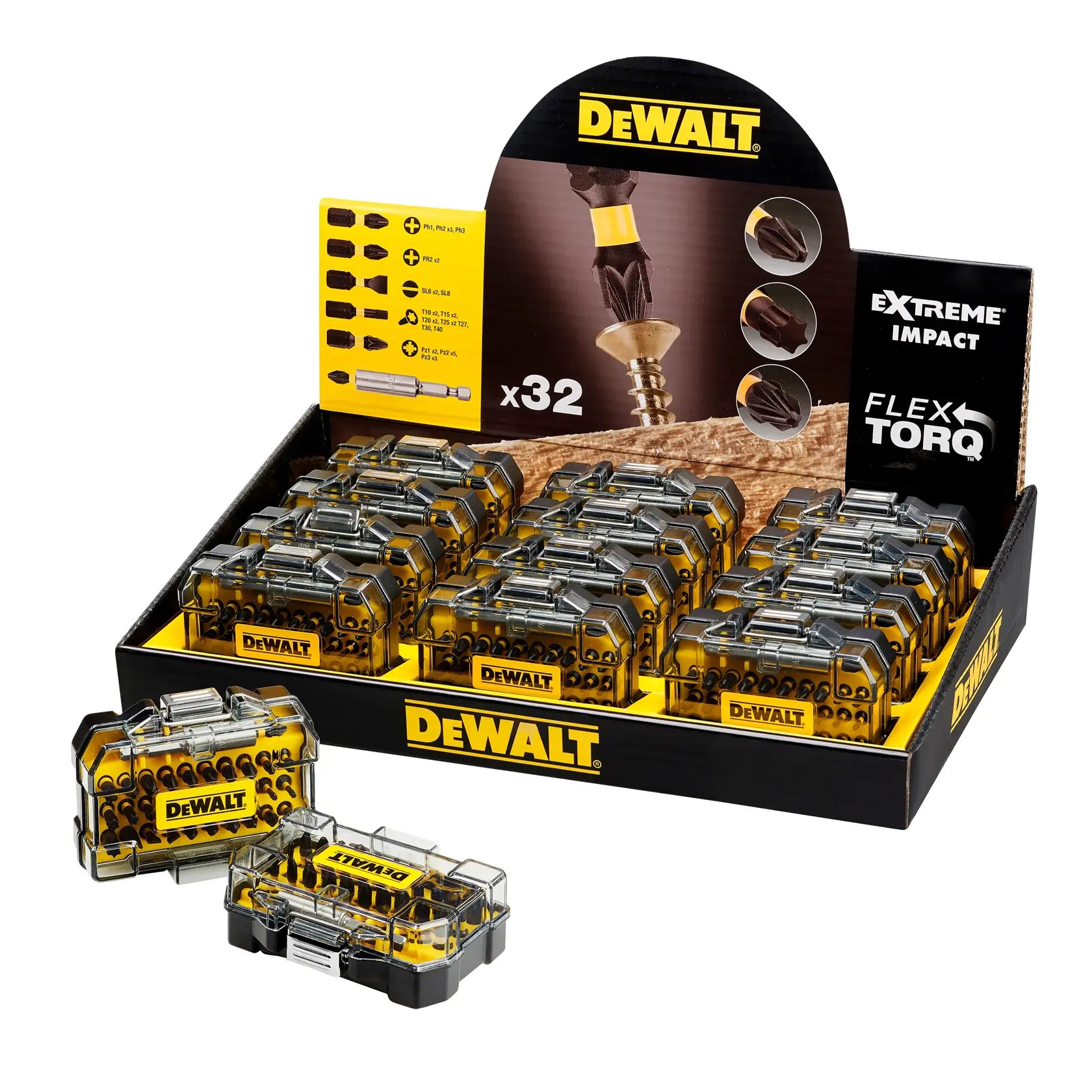 DEWALT DT70523TM FlexTorq screwdriving bit set display, showing several yellow and black bit boxes and packaging.