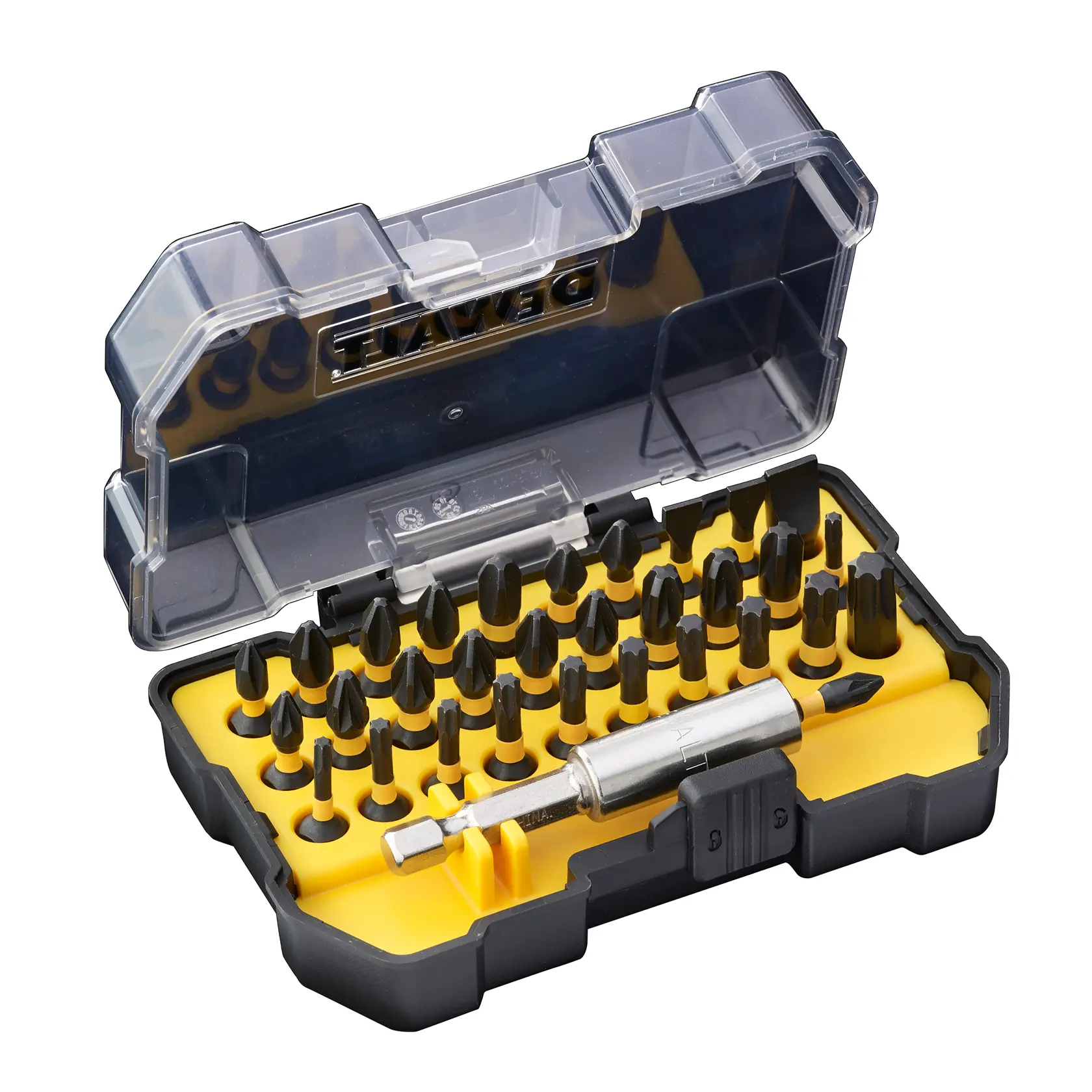 Grafik mit DEWALT XTREME Sub-Compact Series Branding und dem Slogan 'Kompakt und leistungsstark' auf gelbem Hintergrund.