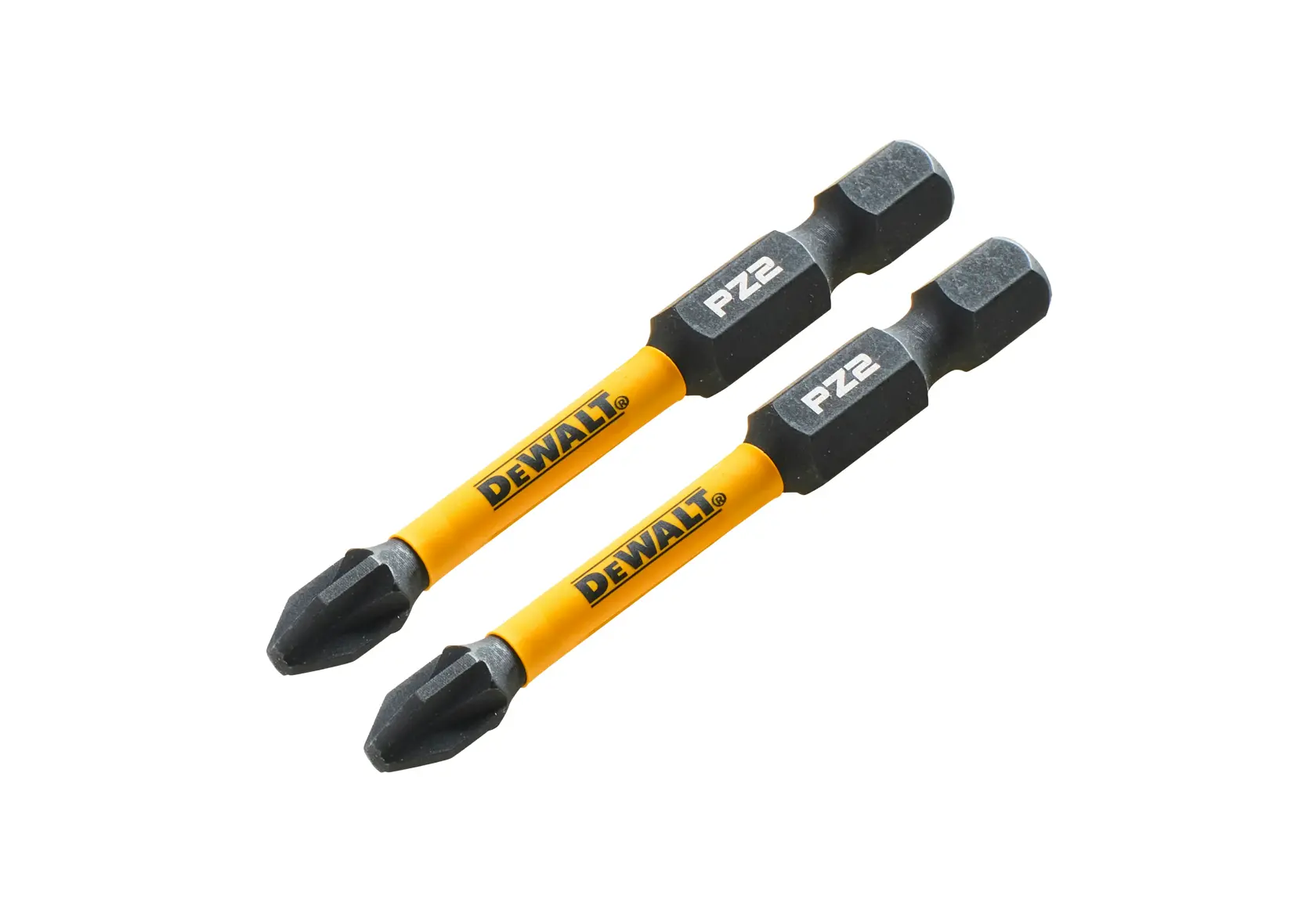 Two DEWALT PZ2 screwdriver bits with yellow shafts and black tips, used for power tools.