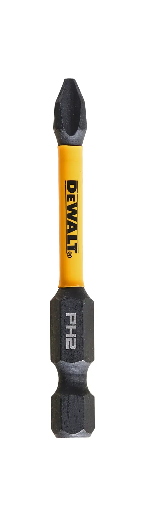 DEWALT PH2 screwdriver bit with yellow shaft, suitable for power tools, displayed on a white background.
