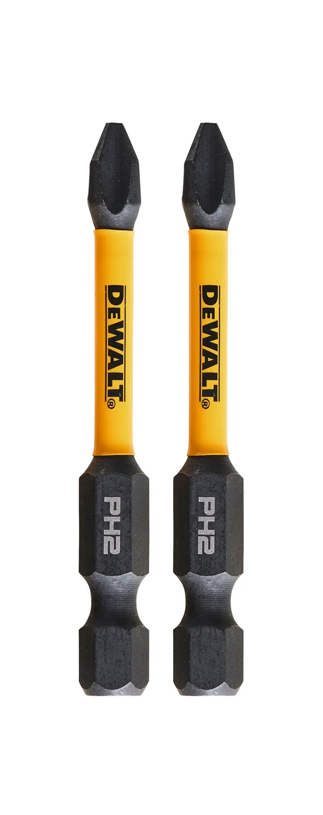 Two DEWALT PH2 screwdriver bits with yellow shafts and black tips, positioned side by side on a white background.